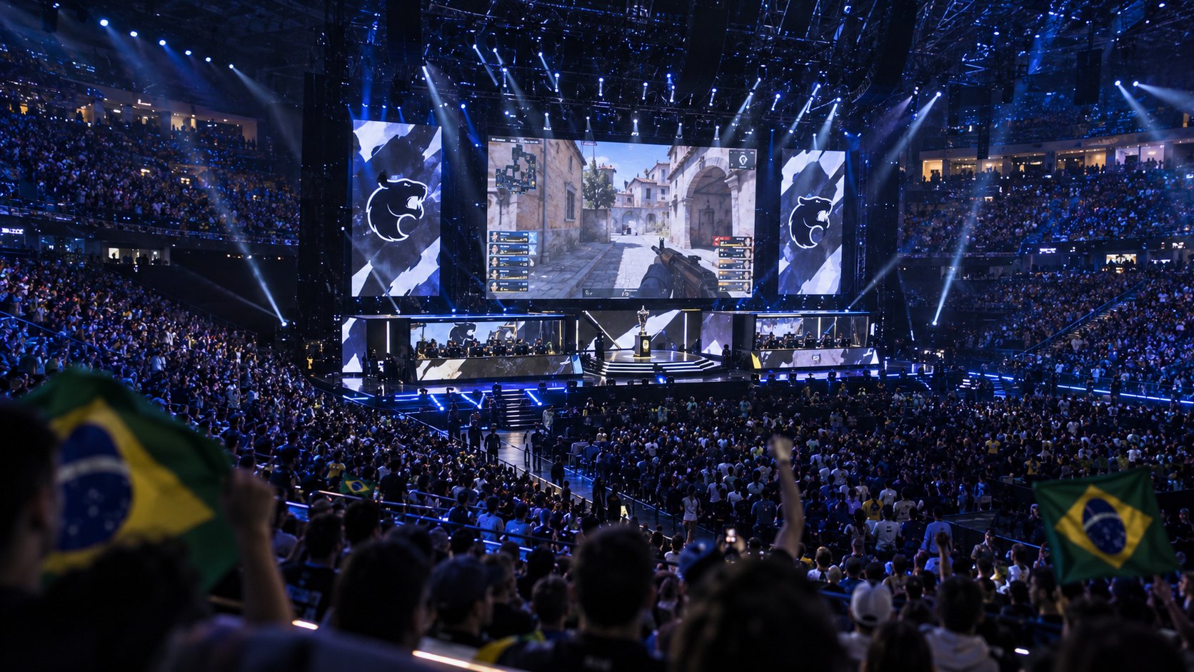 Ilustración editorial generada con IA: el público en las gradas del estadio de Katowice frente a la pantalla gigante que muestra una partida de Counter-Strike 2; no es una fotografía del torneo.