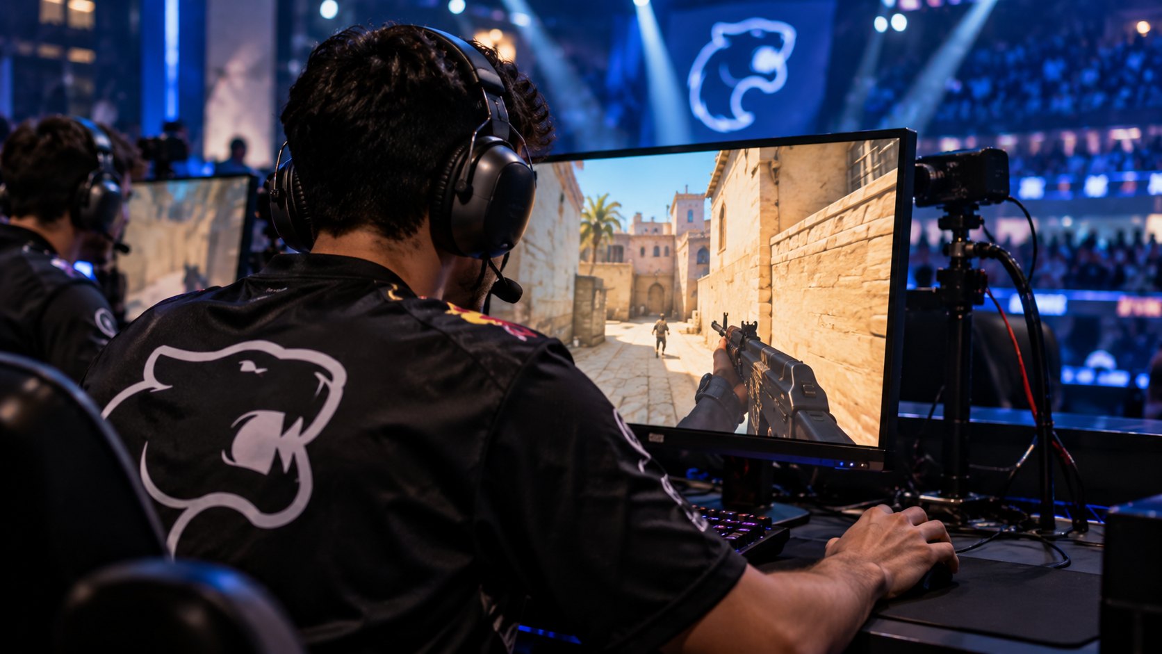 Ilustración editorial generada con IA: por encima del hombro, un jugador con la camiseta negra de FURIA y auriculares juega una partida de Counter-Strike 2 en un monitor del escenario; composición conceptual, no es una fotografía de un jugador real.