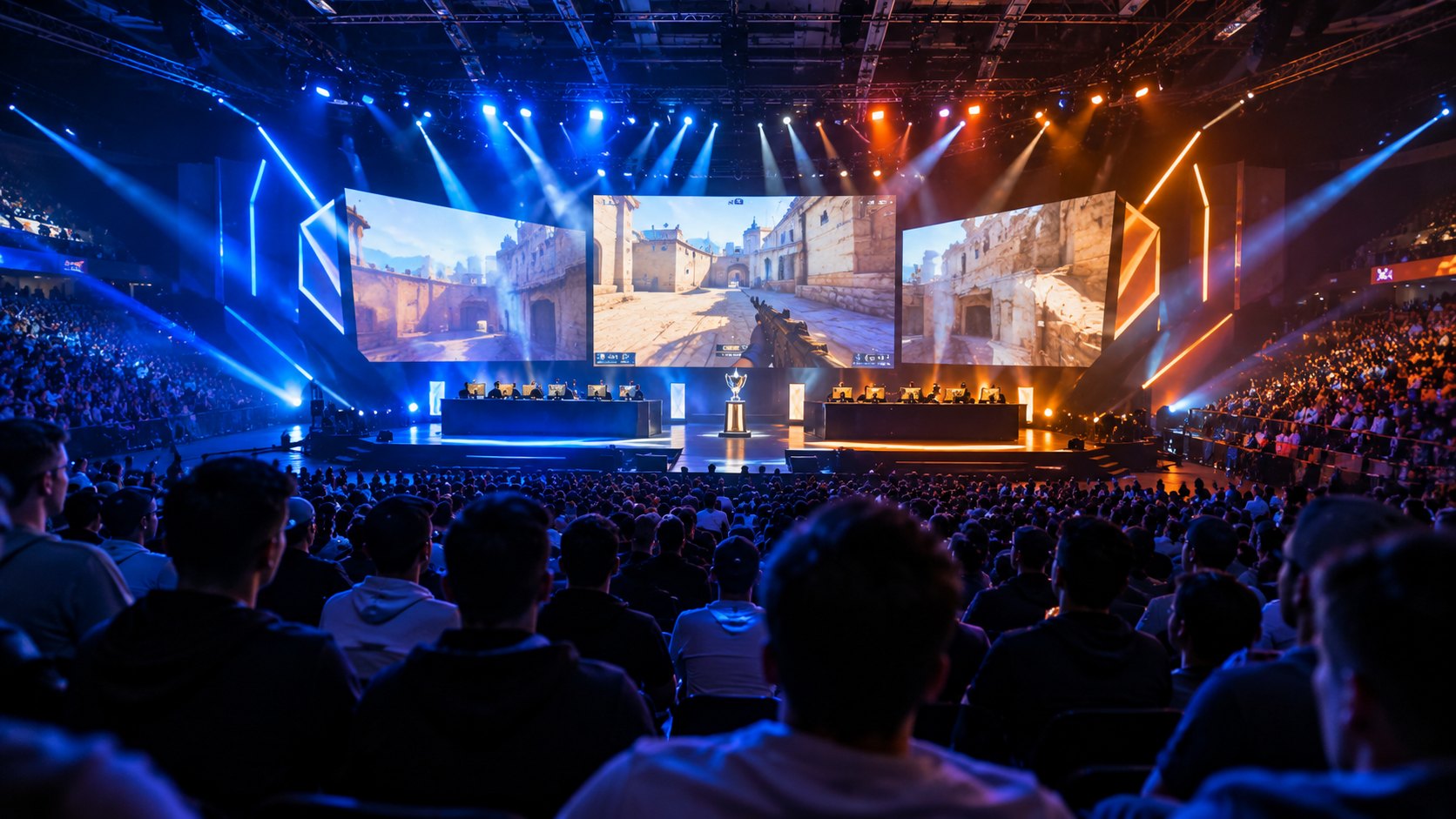 Ilustración editorial generada con IA: vista desde la tribuna de una arena de e-sports en penumbra, con el público de espaldas y el escenario iluminado con pantallas gigantes de Counter-Strike 2; composición conceptual, no es una fotografía del Thunderpick World Championship.