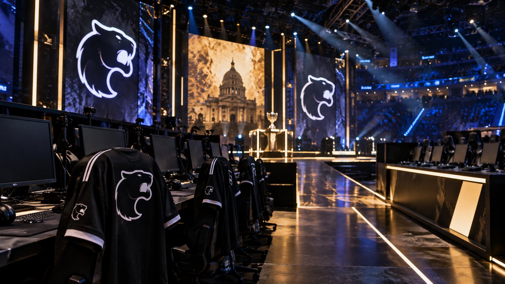 Ilustración editorial generada con IA: cabinas de jugadores todavía vacías sobre el escenario de una arena de e-sports, con camisetas negras de FURIA con la pantera sobre las sillas, el logo del equipo en las pantallas laterales y el Palacio del Parlamento de Bucarest en la pantalla central, antes de una semifinal de Counter-Strike 2; composición representativa, no es una fotografía del torneo.