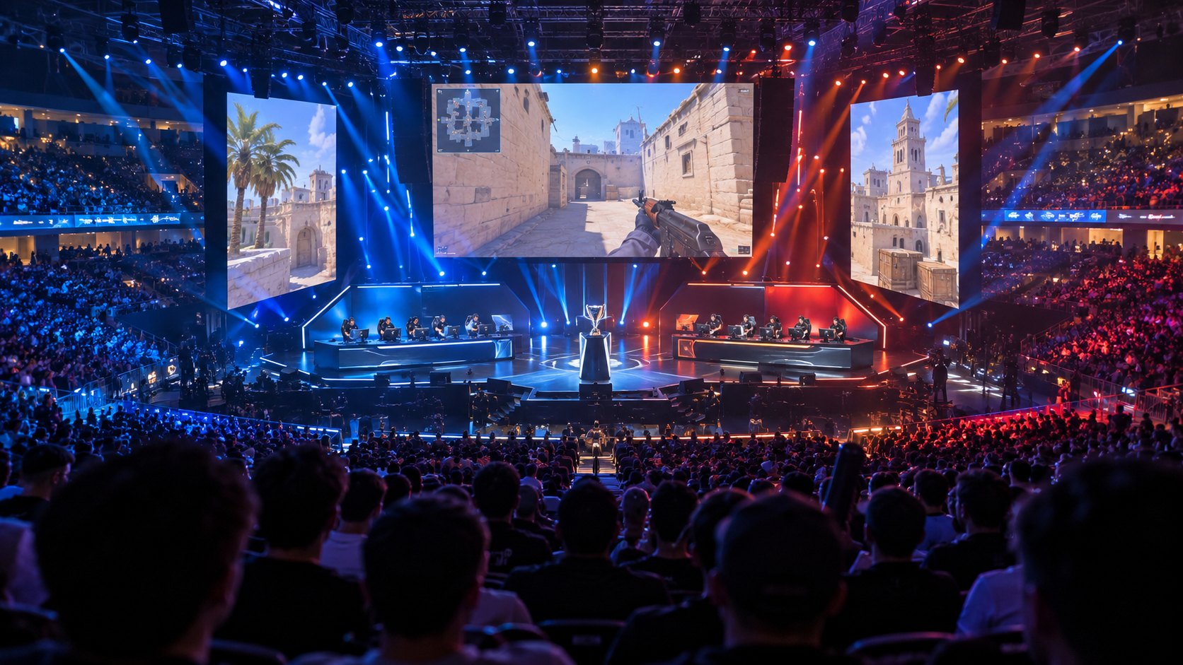 Ilustración editorial generada con IA: vista amplia de una arena de e-sports con el escenario iluminado y el público en las gradas durante un torneo de Counter-Strike 2; composición conceptual, no es una fotografía del estadio de Malta.