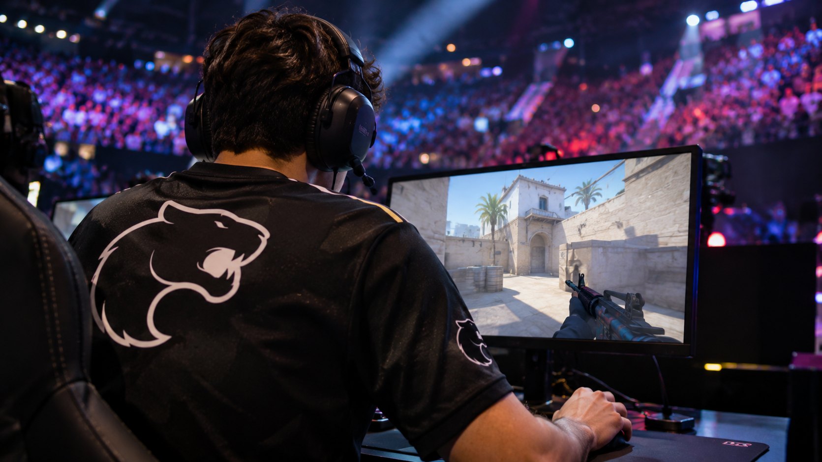 Ilustración editorial generada con IA: un jugador con la camiseta negra de FURIA, de espaldas, frente a su monitor en la cabina del escenario durante una partida de Counter-Strike 2; composición representativa, no es una fotografía de la final.