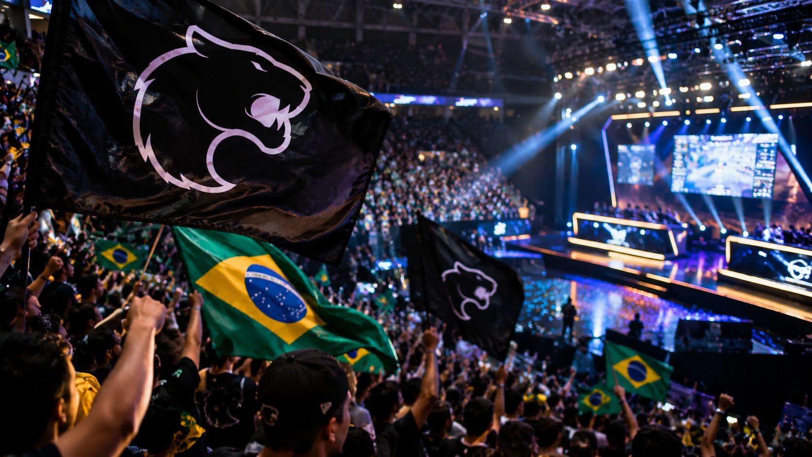 Ilustración editorial generada con IA: hinchas en las tribunas de una arena de e-sports agitan banderas negras con la pantera de FURIA y banderas de Brasil; composición representativa, no es una fotografía del público en Bucarest.