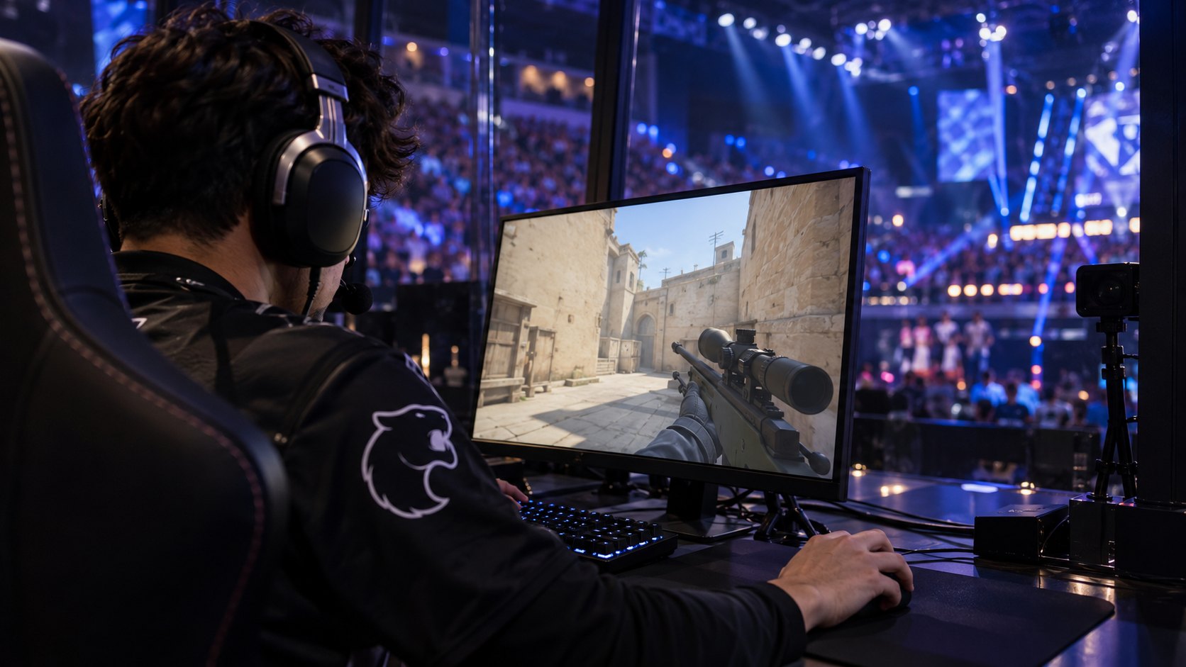 Ilustración editorial generada con IA: un jugador con camiseta negra de FURIA con la pantera en la manga, de espaldas y con auriculares, apunta con un rifle de francotirador en una partida de Counter-Strike 2 desde su cabina en una arena de e-sports; composición representativa, no es una fotografía de molodoy ni de la serie con MOUZ.