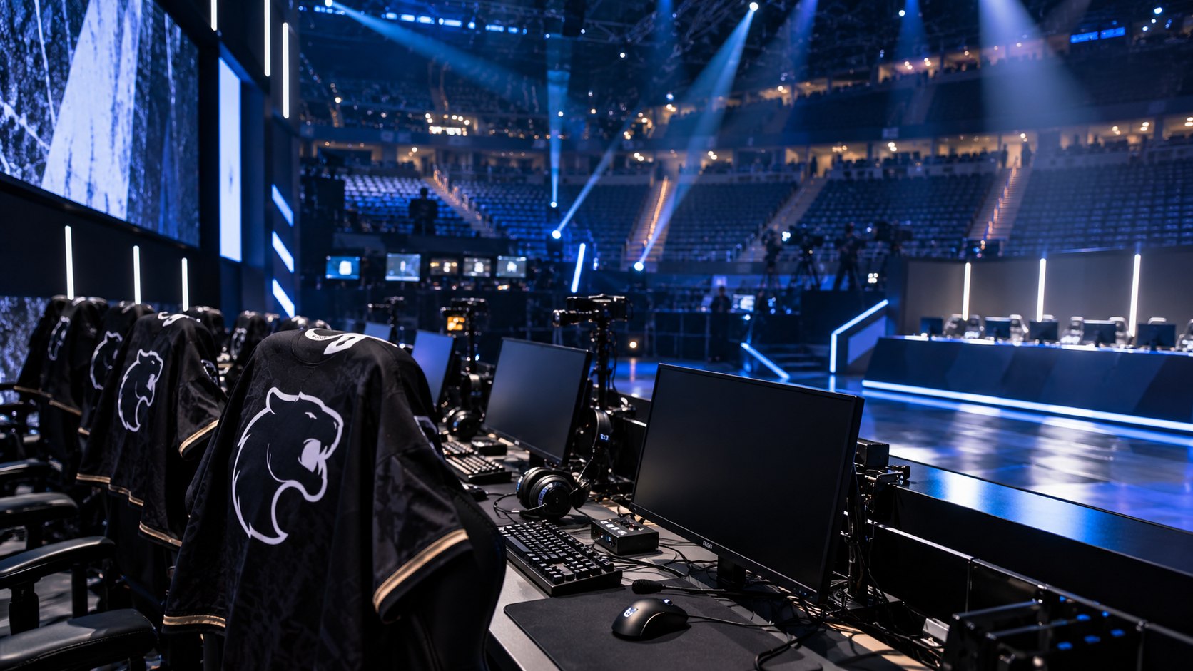 Ilustración editorial generada con IA: camisetas negras de FURIA con la pantera apoyadas sobre las sillas de una cabina todavía vacía, con monitores apagados y auriculares, frente al escenario y las tribunas casi vacías de una arena de e-sports antes de una final de Counter-Strike 2; composición representativa, no es una fotografía del torneo en Bucarest.