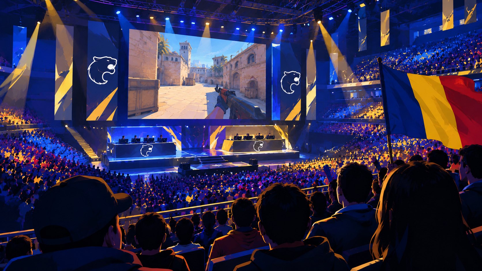 Ilustración editorial generada con IA: el público de una arena de e-sports sigue una partida de Counter-Strike 2 en una pantalla gigante flanqueada por el logo de la pantera de FURIA, con una bandera de Rumania en la tribuna; composición representativa, no documenta un partido concreto.
