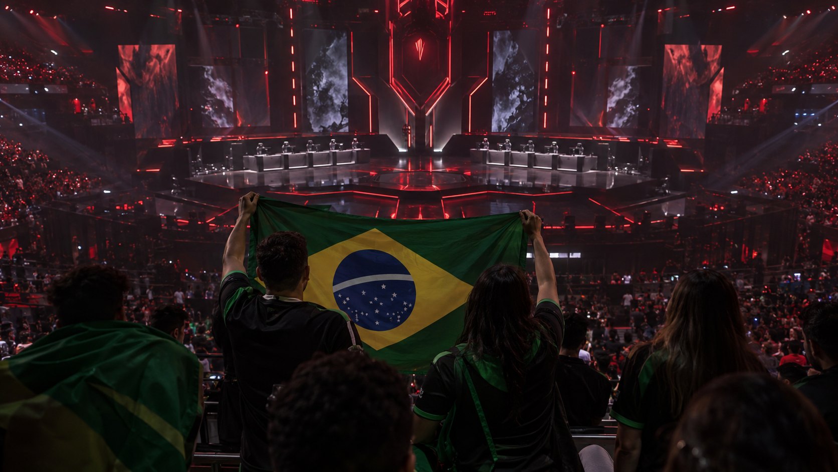 Ilustración editorial generada con IA: hinchas brasileños de espaldas, con camisetas verdes y negras, levantan una bandera de Brasil en la tribuna de un estadio frente al escenario de un torneo de VALORANT iluminado de rojo; composición conceptual, no es una fotografía de Champions Shanghai.