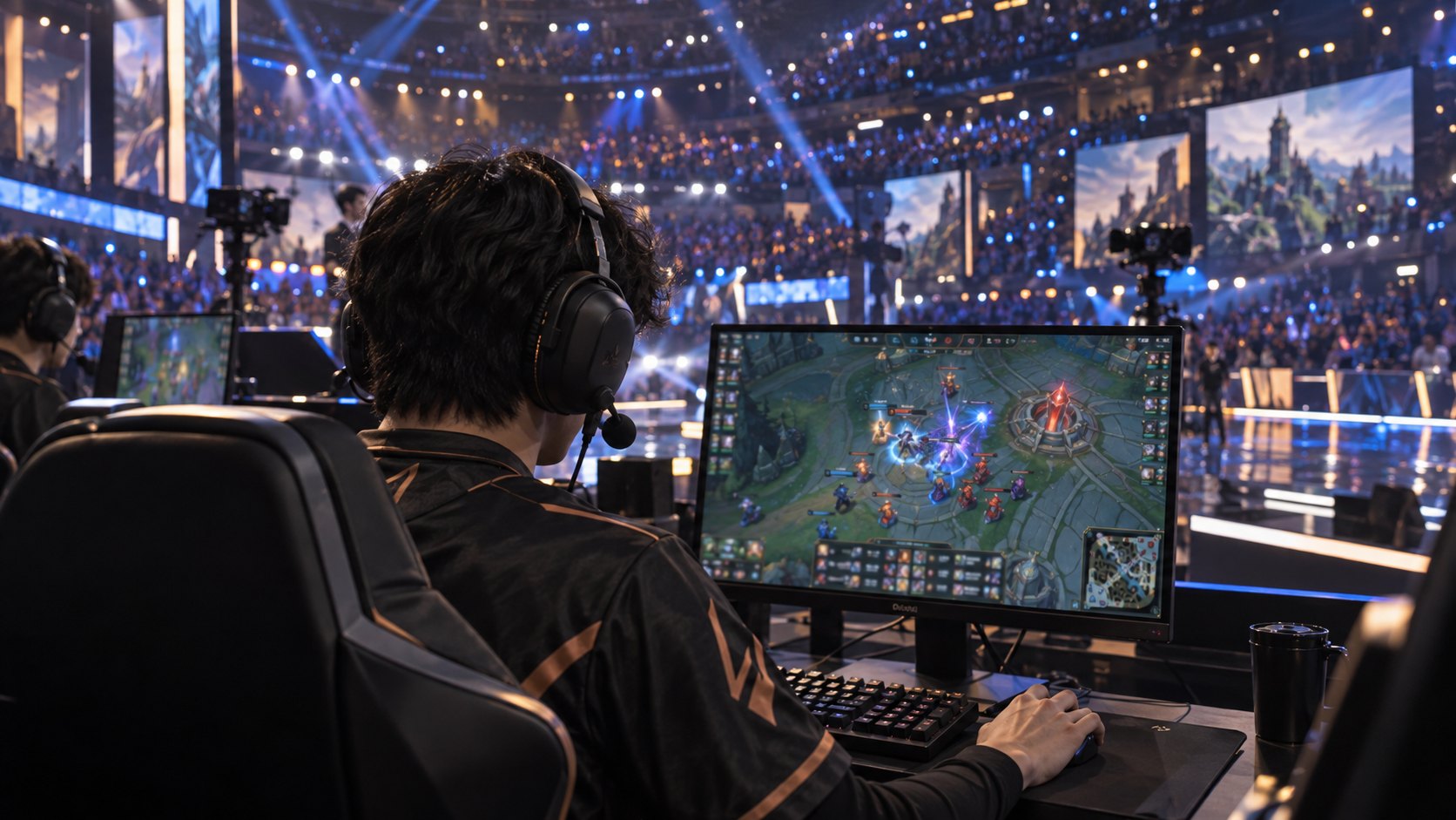 Ilustración editorial generada con IA: un jugador de League of Legends, visto por detrás del hombro, frente a un monitor con el mapa de la Grieta del Invocador durante una partida profesional; composición conceptual, no es una fotografía de la final.