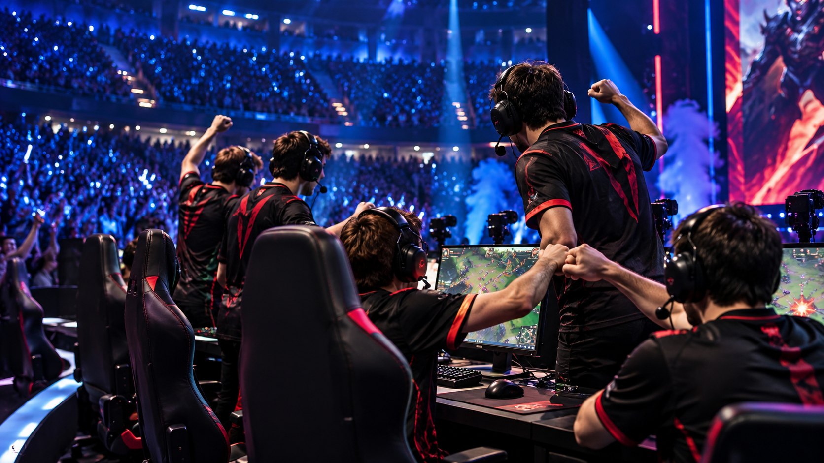 Ilustración editorial generada con IA: jugadores de League of Legends con remeras negras y rojas chocan los puños y celebran de pie frente a sus monitores en el escenario de un estadio iluminado de azul; composición conceptual, no es una fotografía de G2 Esports.