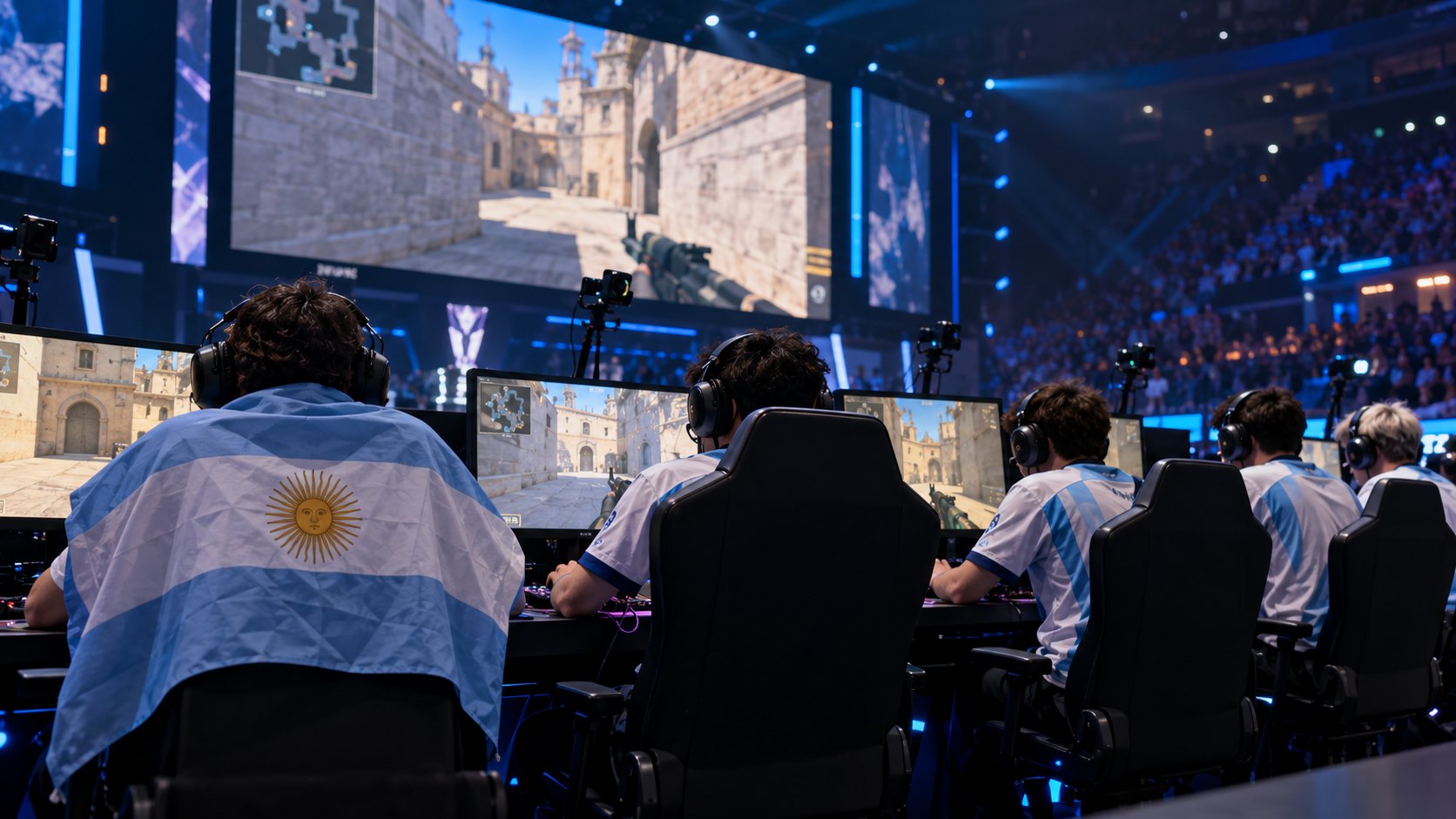 Ilustración editorial generada con IA: jugadores de Counter-Strike 2 con remeras celestes y blancas, de espaldas frente a sus monitores en un estudio de torneo, uno con una bandera argentina sobre los hombros, ante una pantalla gigante con una escena del juego; composición conceptual, no es una fotografía de 9z en Bucarest.