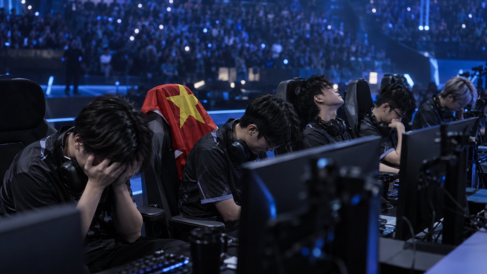 Ilustración editorial generada con IA: jugadores de League of Legends abatidos frente a sus monitores en el escenario de un estadio, uno con una bandera de Vietnam sobre la silla; composición conceptual, no es una fotografía de Team Secret Whales.