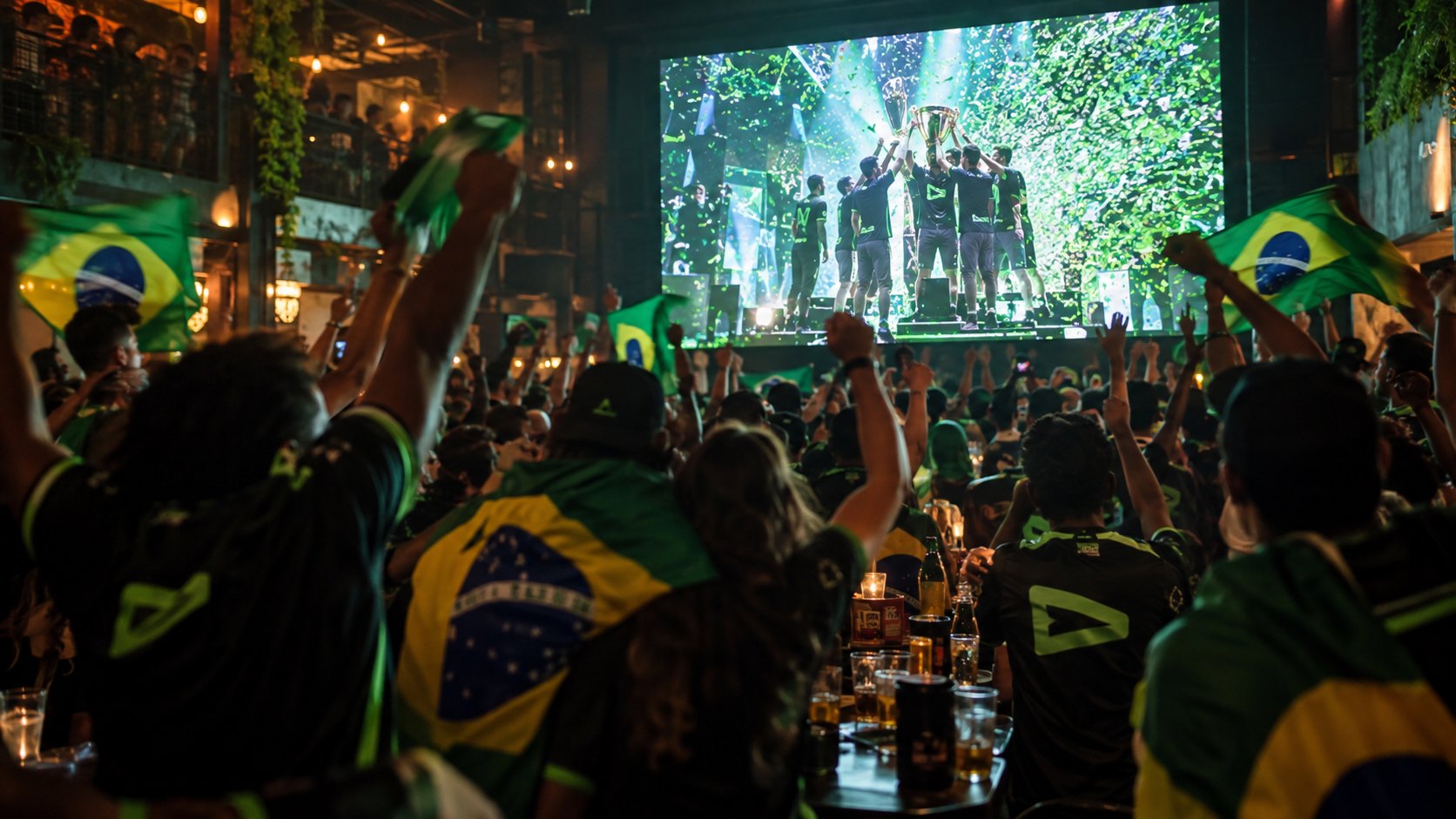 Ilustración editorial generada con IA: hinchas de espaldas con camisetas de LOUD y banderas de Brasil festejan de madrugada frente a una pantalla grande que muestra la consagración; escena conceptual, no documenta un festejo real.