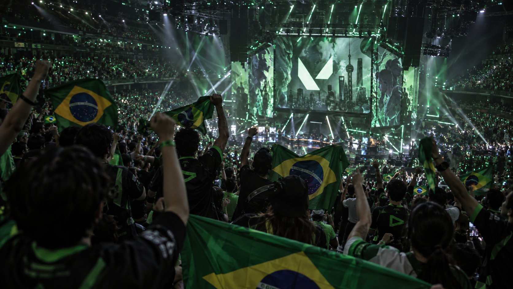 Ilustración editorial generada con IA: hinchas con banderas de Brasil y camisetas verdes de LOUD en las gradas del estadio de Shanghái, frente a la pantalla gigante; no es una fotografía del partido.