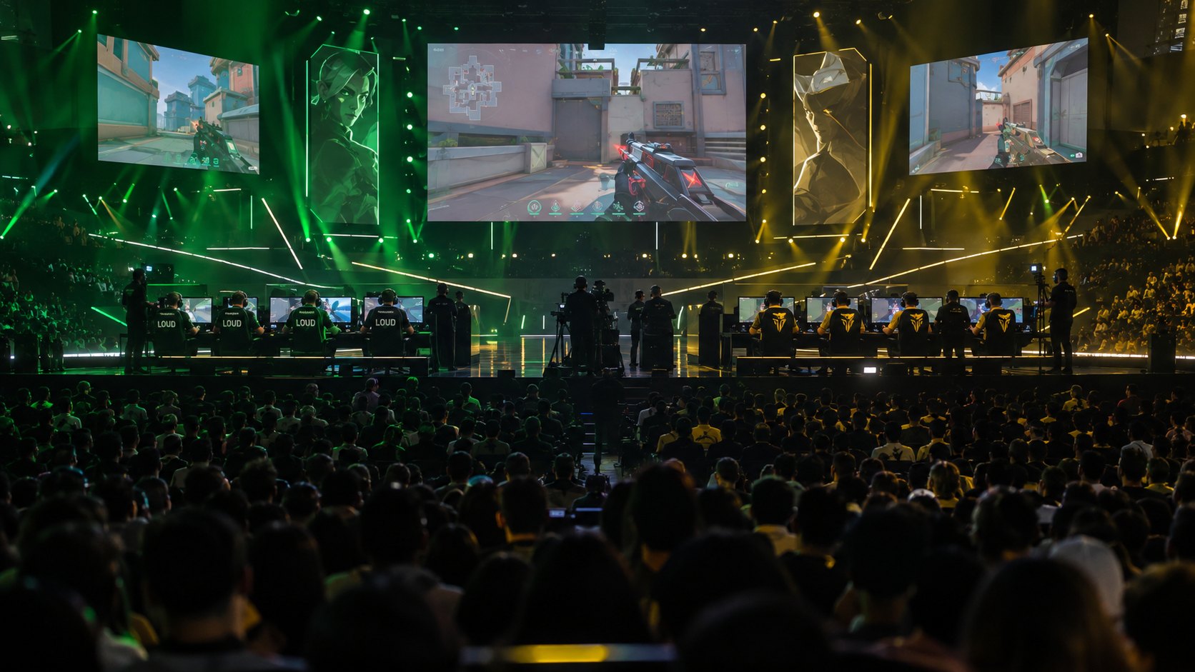 Ilustración editorial generada con IA: vista general de una arena de e-sports llena, con el público de espaldas y en el escenario dos filas de cabinas enfrentadas, a la izquierda jugadores con camisetas negras y verdes de LOUD y a la derecha con camisetas amarillas de Vitality, bajo pantallas gigantes con VALORANT y luces verdes y doradas; composición conceptual, no es una fotografía del partido ni de la arena de Shanghai.