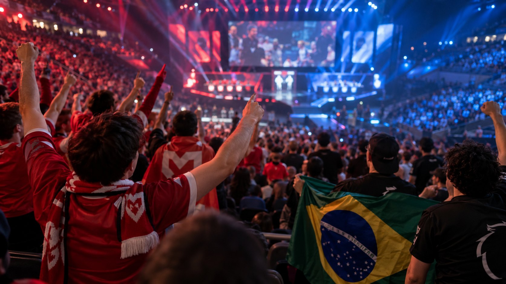 Ilustración editorial generada con IA: hinchas en las tribunas de un estadio cubierto durante un torneo de Counter-Strike 2, unos con camisetas y bufandas rojas de MOUZ con los brazos en alto y otros con camisetas negras de FURIA y una bandera de Brasil, frente al escenario iluminado; composición conceptual, no es una fotografía del público de Katowice.