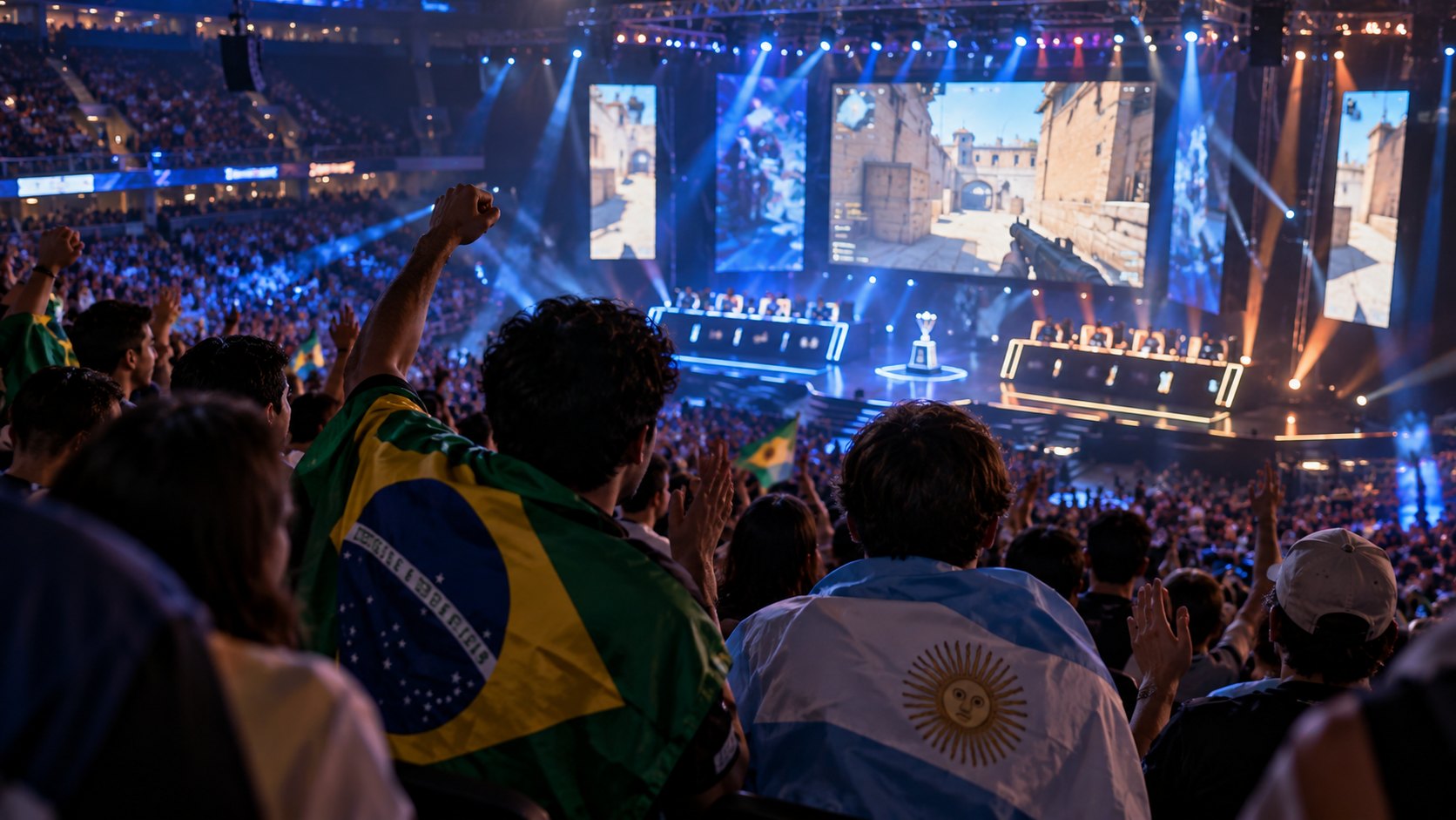 Ilustración editorial generada con IA: hinchas de espaldas con banderas de Brasil y de la Argentina en la tribuna de un estadio de e-sports, frente al escenario iluminado de un torneo de Counter-Strike 2; composición conceptual, no es una fotografía del PGL Masters Bucharest.