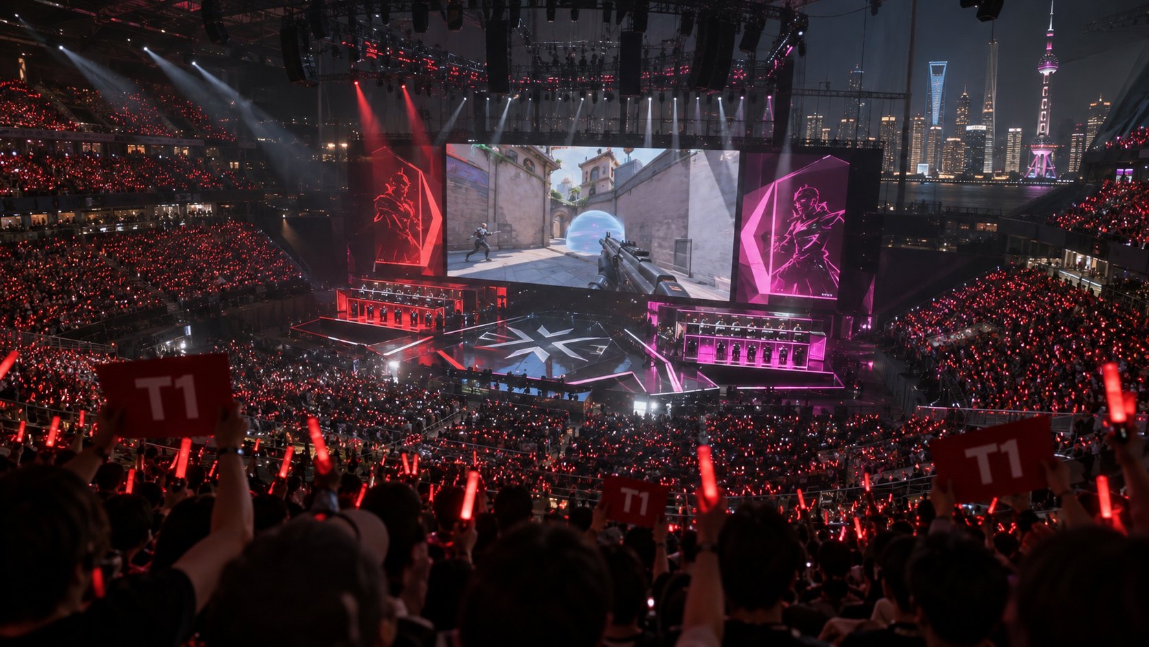 Ilustración editorial generada con IA: vista desde la tribuna alta de un estadio de e-sports colmado, con hinchas que agitan luces y carteles rojos de T1 frente al escenario de VALORANT; composición conceptual, no es una fotografía de Champions Shanghai.