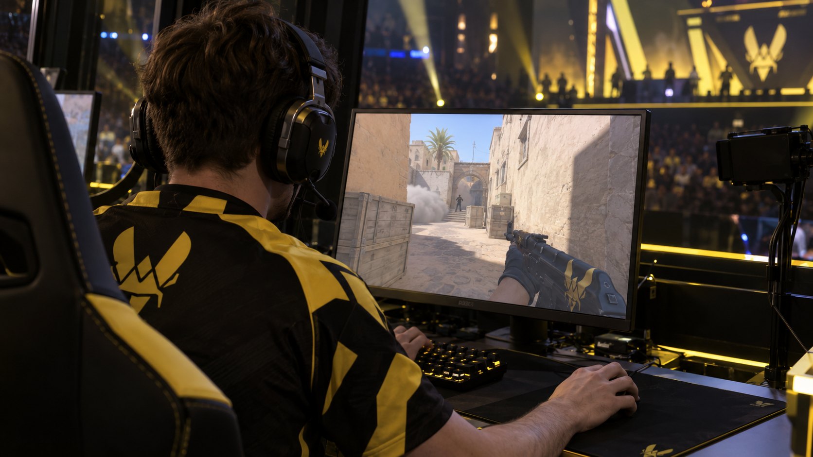 Ilustración editorial generada con IA: un jugador con la camiseta amarilla y negra de Vitality, visto por detrás del hombro, con auriculares y las manos sobre el teclado y el mouse, frente a un monitor con el mapa Dust2 de Counter-Strike 2; composición conceptual, no es una fotografía del partido.