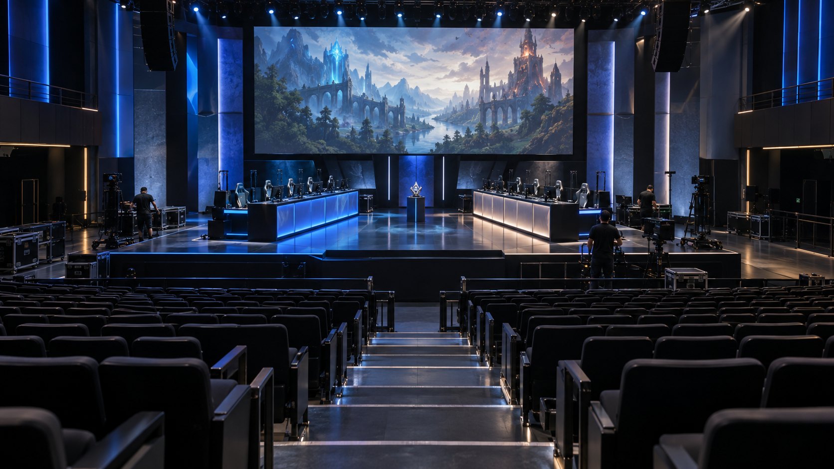 Ilustración editorial generada con IA: una arena de esports de unas 300 butacas en Los Ángeles preparada para un torneo de League of Legends, con dos filas de puestos de juego enfrentadas y una pantalla gigante; composición conceptual, no es una fotografía del lugar.