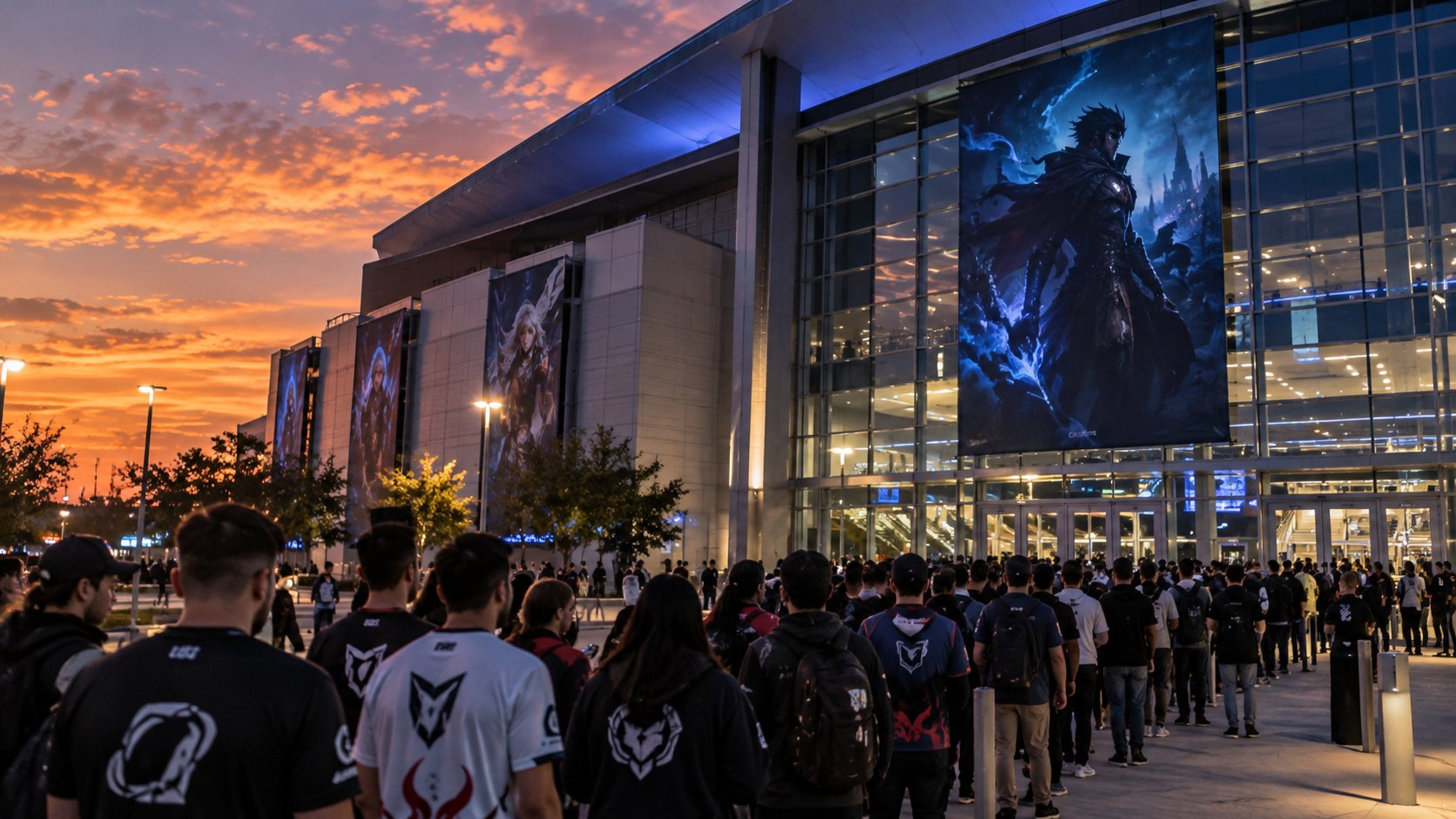 Ilustración editorial generada con IA: el exterior de un estadio cubierto en Allen, Texas, al atardecer, con fanáticos de League of Legends haciendo fila en la entrada; composición conceptual, no es una fotografía del evento.