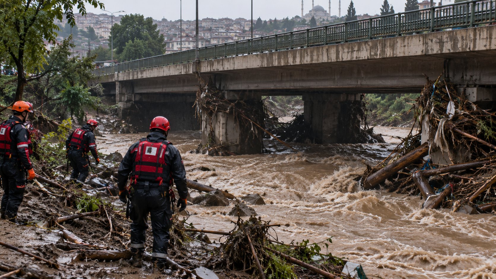 Ilustración editorial generada con IA: rescatistas con chalecos y cascos de un equipo de emergencias turco revisan el cauce crecido de un arroyo bajo un puente urbano en Estambul; composición conceptual, no es una fotografía del operativo real.