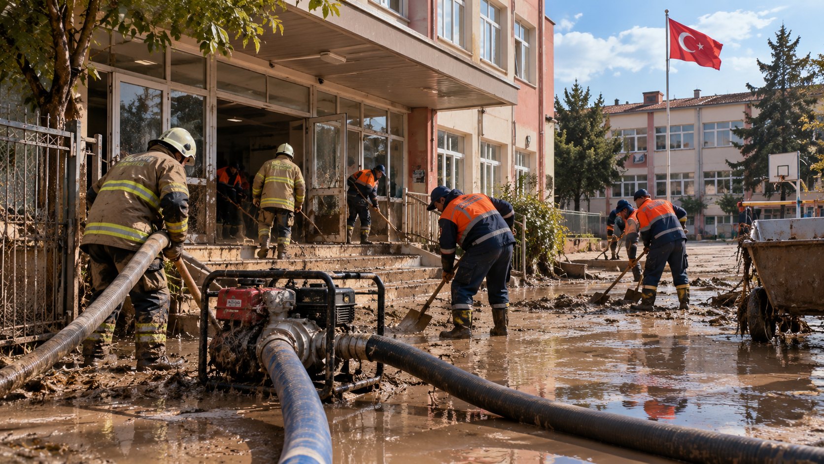 Ilustración editorial generada con IA: bomberos y trabajadores municipales bombean agua y retiran barro de la entrada de una escuela anegada en Estambul, con mangueras y una bomba en primer plano; composición conceptual, no es una fotografía de una escuela real.