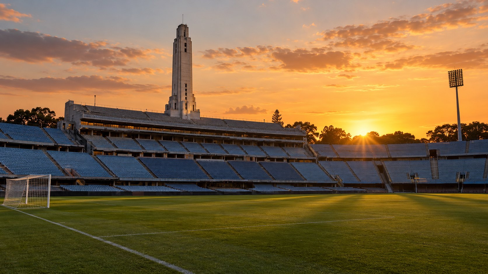 Ilustración editorial generada con IA: el estadio Centenario de Montevideo vacío al atardecer, con la Torre de los Homenajes sobre la tribuna y el campo de juego verde en primer plano; composición conceptual, no es una fotografía del estadio en un día determinado.