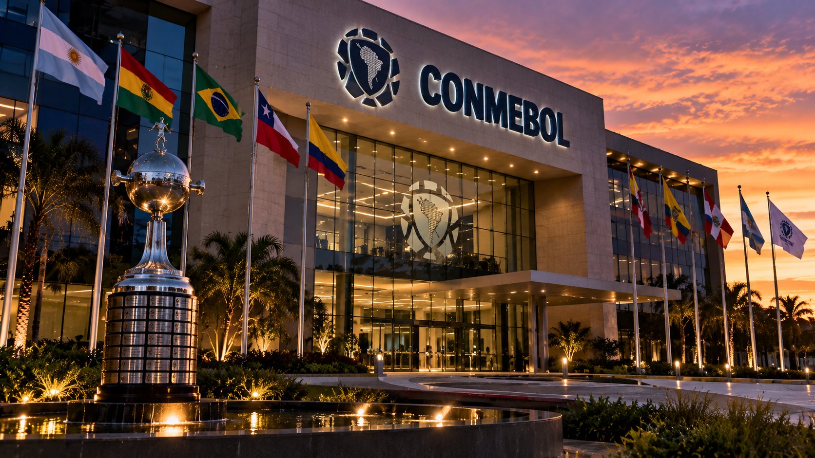 Ilustración editorial generada con IA: la sede de la Conmebol al atardecer, con su nombre en la fachada, banderas sudamericanas en mástiles y un trofeo de la Copa Libertadores frente al ingreso; composición conceptual, no es una fotografía del edificio real.