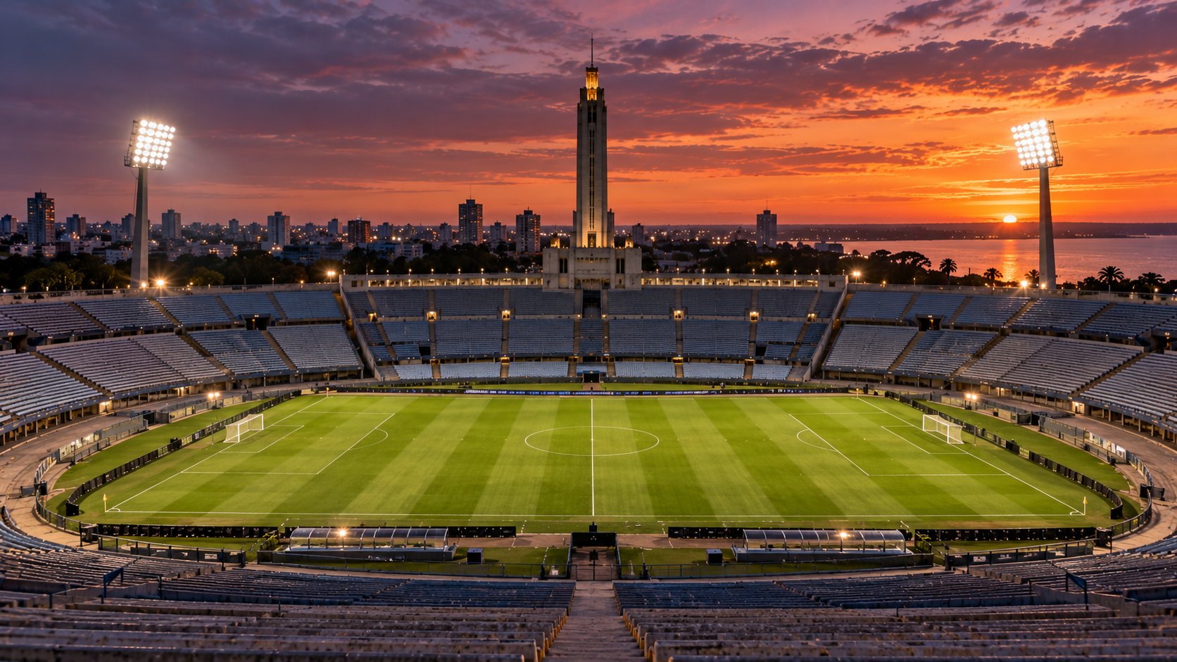 Ilustración editorial generada con IA: un estadio de fútbol con tribunas vacías y una torre en el anochecer, inspirado en el Centenario de Montevideo, con el césped iluminado; composición conceptual, no es una fotografía del estadio.