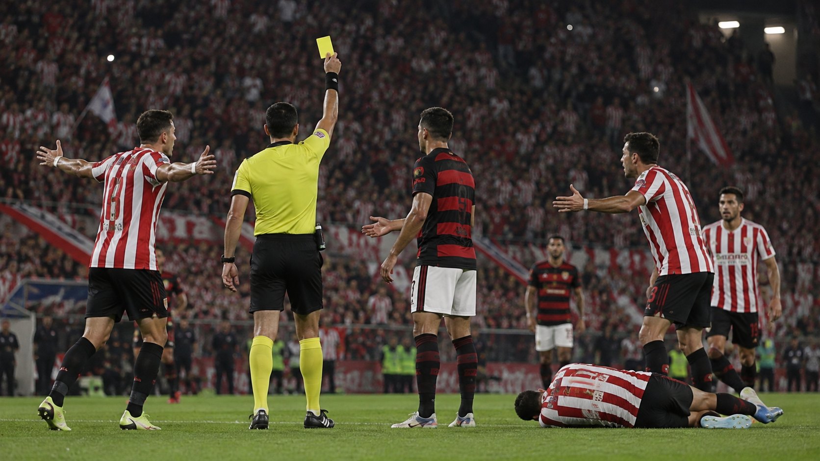 Ilustración editorial generada con IA: un árbitro de camiseta amarilla muestra la tarjeta amarilla a un jugador con camiseta a franjas rojas y negras mientras futbolistas de camiseta a bastones rojos y blancos le reclaman y otro está tendido en el césped, con la tribuna colmada de fondo; no es una fotografía del partido ni representa a personas reales.