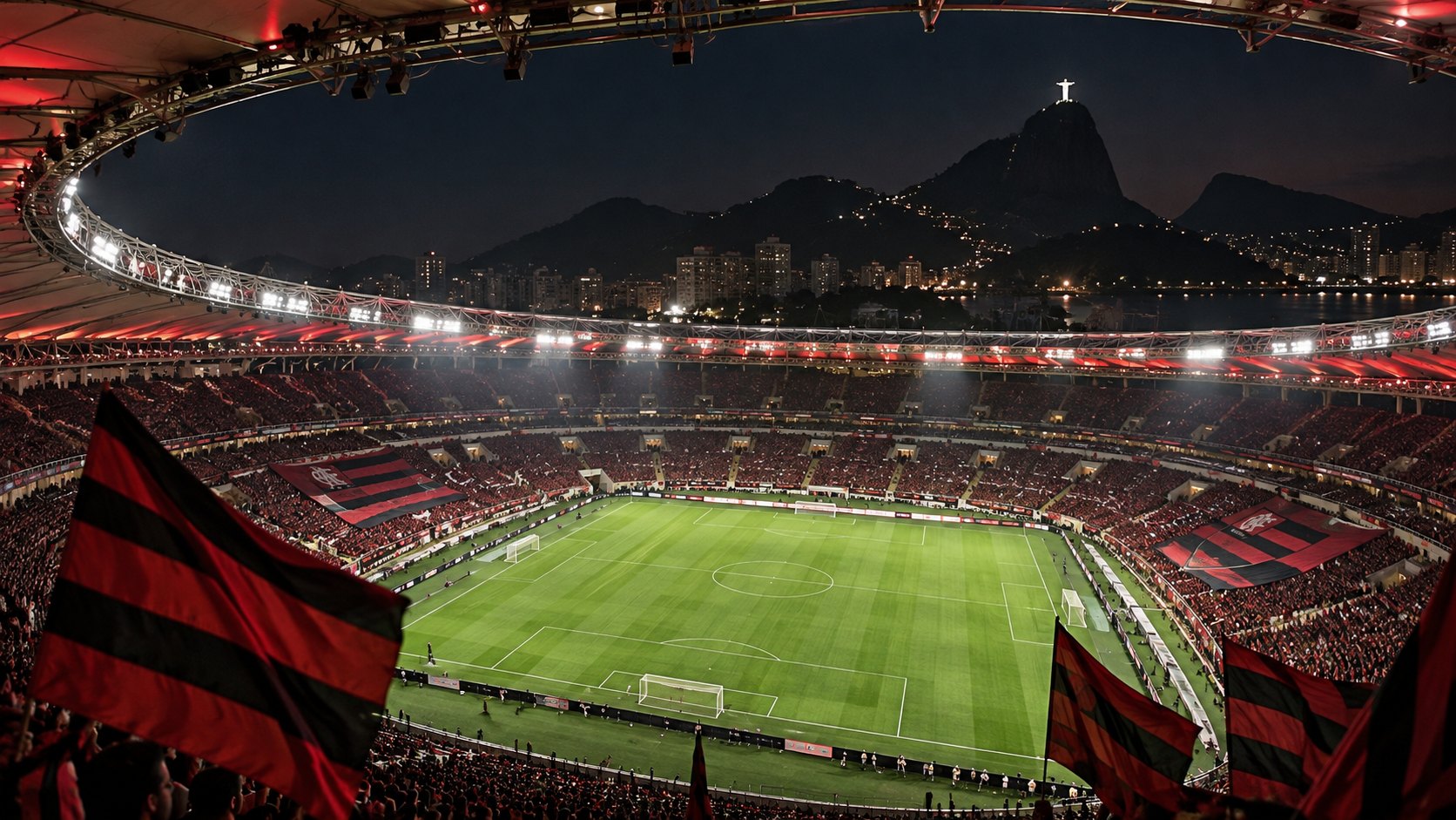 Ilustración editorial generada con IA: el estadio Maracaná de Río de Janeiro de noche, con su techo iluminado, el campo listo para un partido, tribunas con banderas rojas y negras de Flamengo y el Cristo Redentor sobre el Corcovado al fondo; composición conceptual, no es una fotografía del estadio en un partido real.