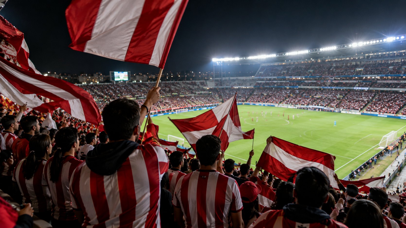 Ilustración editorial generada con IA: hinchas de espaldas con camisetas a bastones rojos y blancos agitan banderas rojas y blancas en la tribuna visitante de un estadio iluminado de noche, con el campo de juego al fondo; composición conceptual, no es una fotografía ni muestra a personas reales.