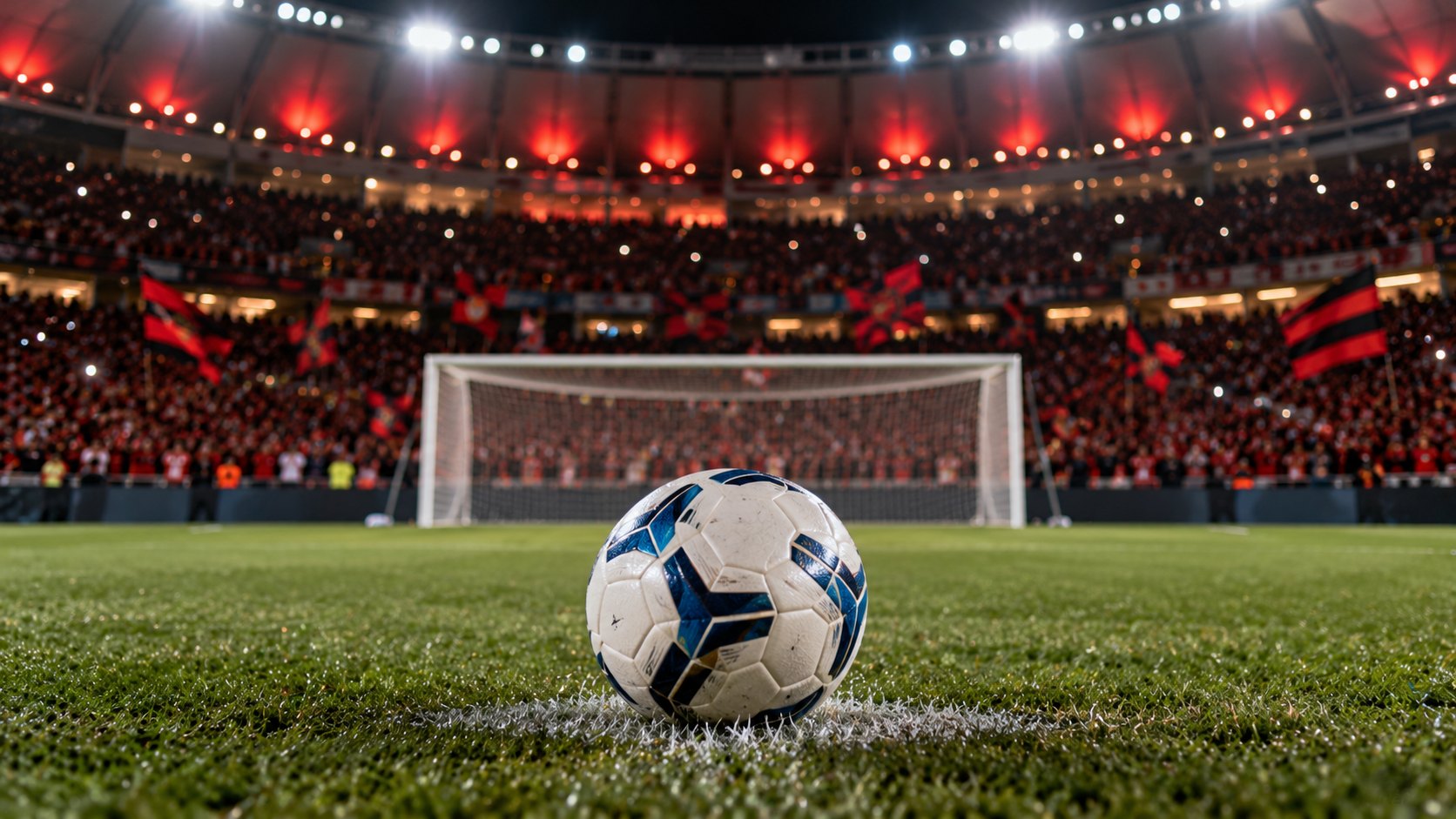 Ilustración editorial generada con IA: una pelota de fútbol apoyada sobre el punto penal del césped iluminado, con el arco y la red desenfocados detrás y una tribuna colmada con banderas rojas y negras; composición conceptual, no es una fotografía del estadio ni del partido.