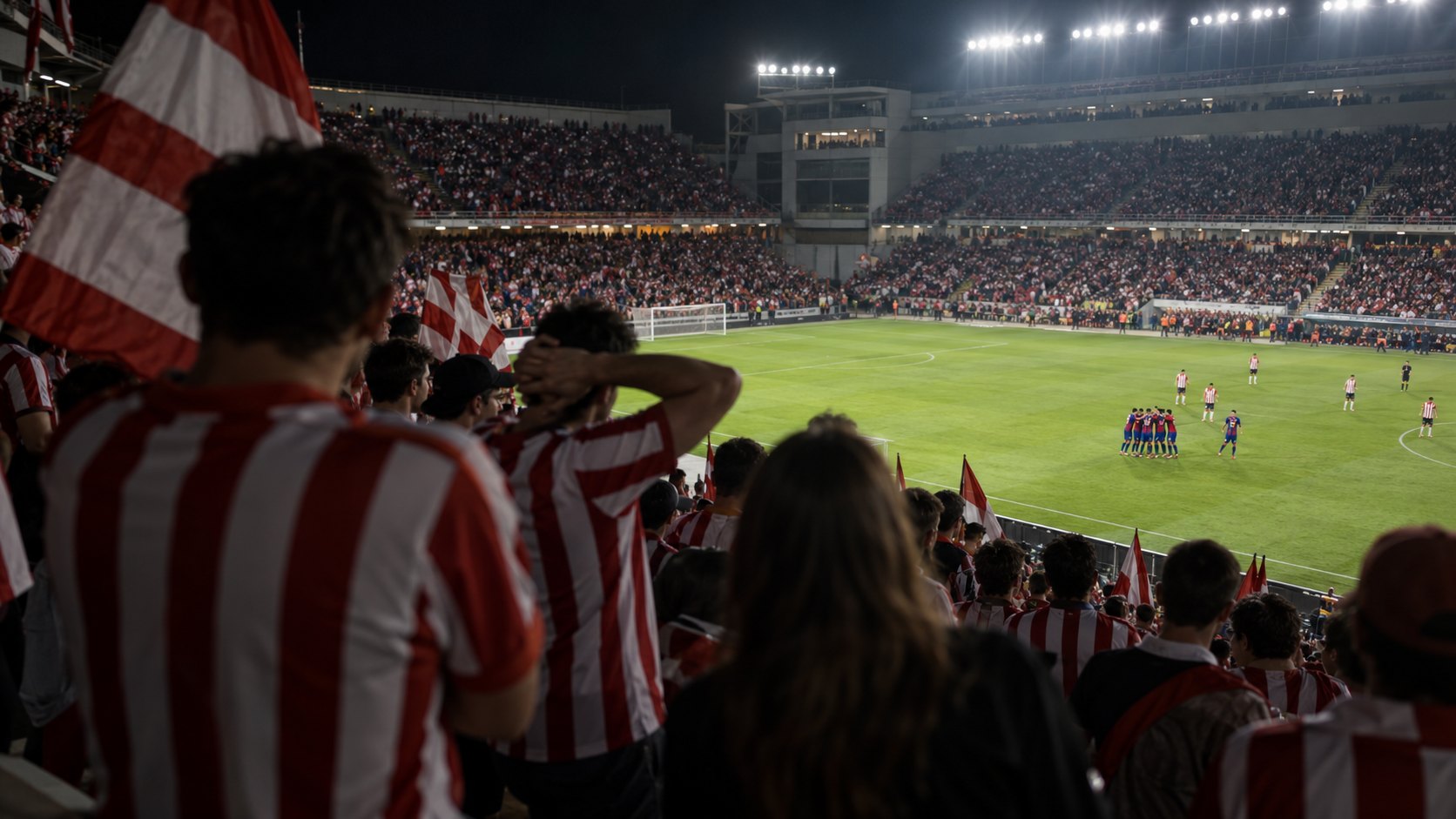 Ilustración editorial generada con IA: de noche, desde la tribuna, hinchas con camisetas y banderas rojas y blancas miran en silencio el campo iluminado, donde jugadores con camiseta a bastones azules y rojos se abrazan; no es una fotografía del partido ni representa a personas reales.