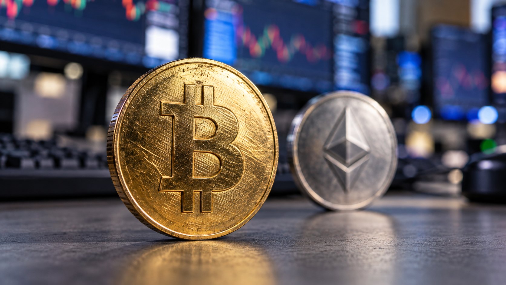 Ilustración editorial generada con IA: una moneda dorada con el símbolo de Bitcoin en primer plano y una moneda plateada con el logo de Ethereum detrás, desenfocada, sobre un escritorio de una mesa de operaciones con monitores de cotizaciones; composición conceptual.