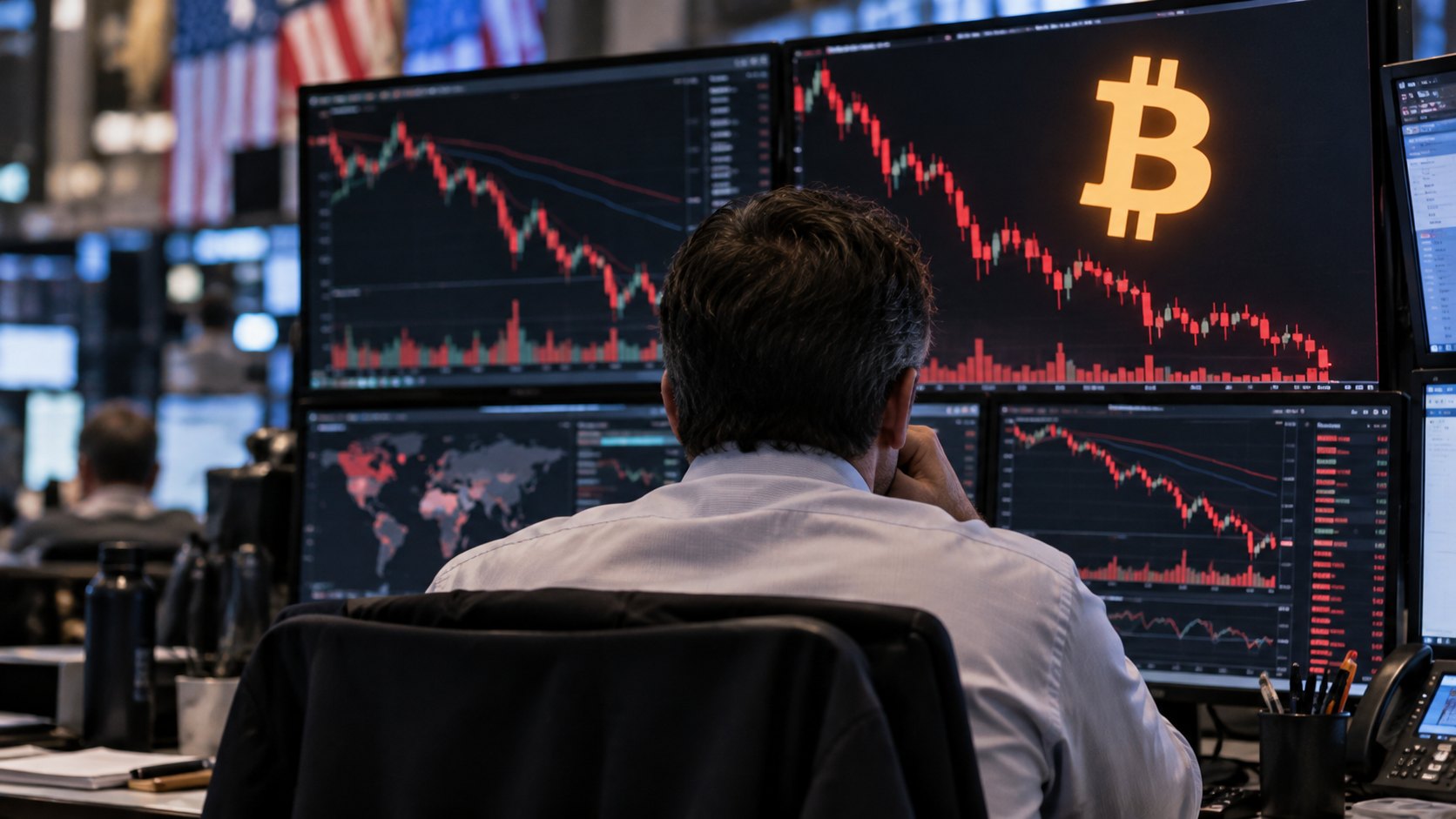 Ilustración editorial generada con IA: un operador de espaldas frente a varios monitores con gráficos de velas de bitcoin en baja, en una mesa de operaciones; composición conceptual, no es una fotografía de un hecho real.