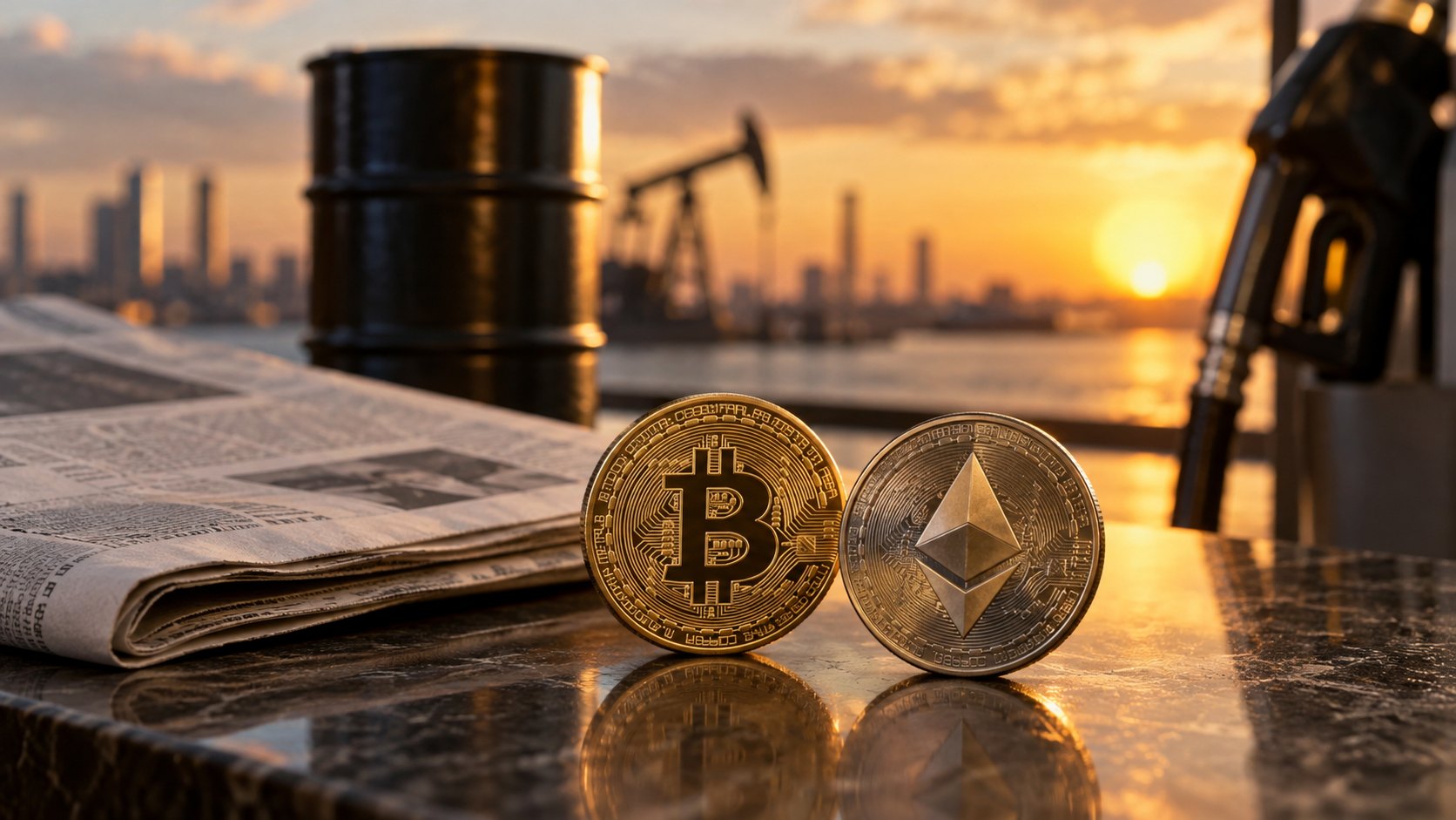 Ilustración editorial generada con IA: monedas con los logos de Bitcoin y de Ethereum sobre una mesa de mármol junto a un diario financiero doblado, con un barril de petróleo, un surtidor y un pozo petrolero al atardecer de fondo; composición conceptual, no es una fotografía de un hecho real.
