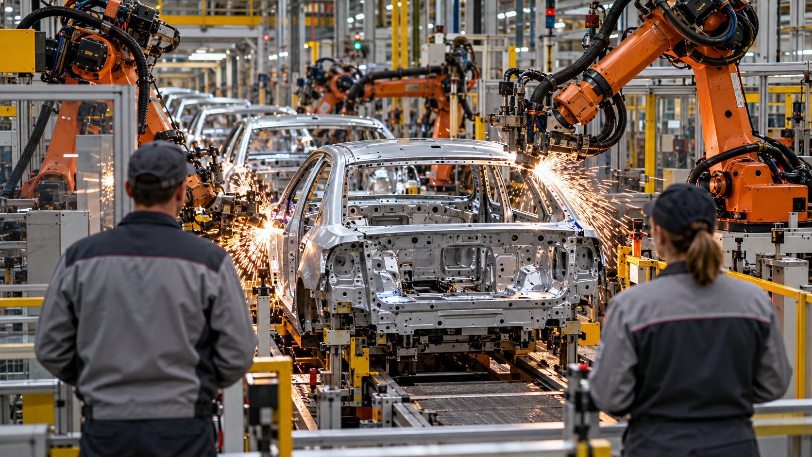 Ilustración editorial generada con IA: robots que sueldan carrocerías en una línea de montaje automotriz en Alemania, con operarios de espaldas; composición conceptual, no es una fotografía de una planta real.