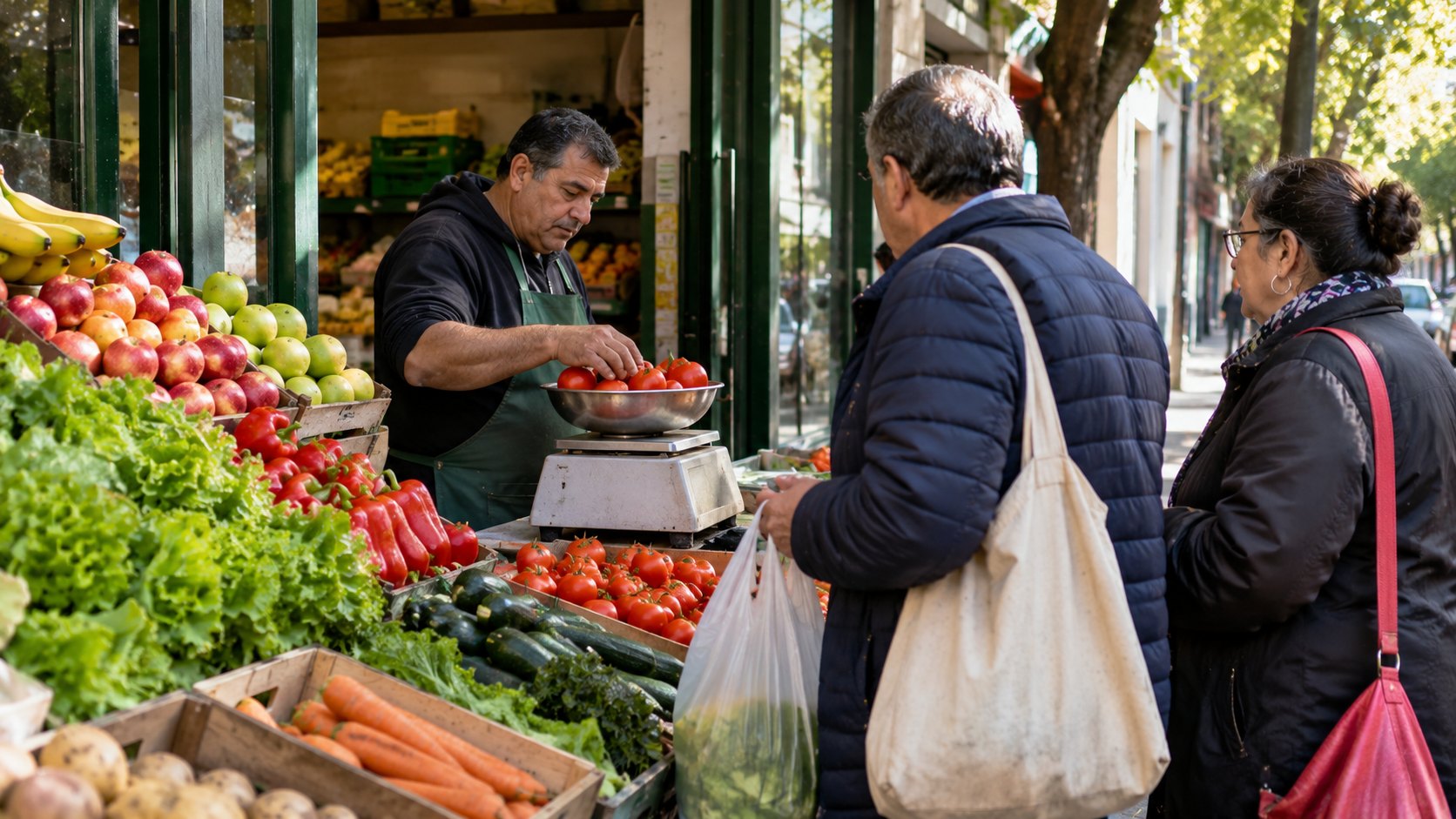 Ilustración editorial generada con IA: vecinos compran frutas y verduras en una verdulería de barrio de Buenos Aires; composición representativa, no es una fotografía de un comercio real.