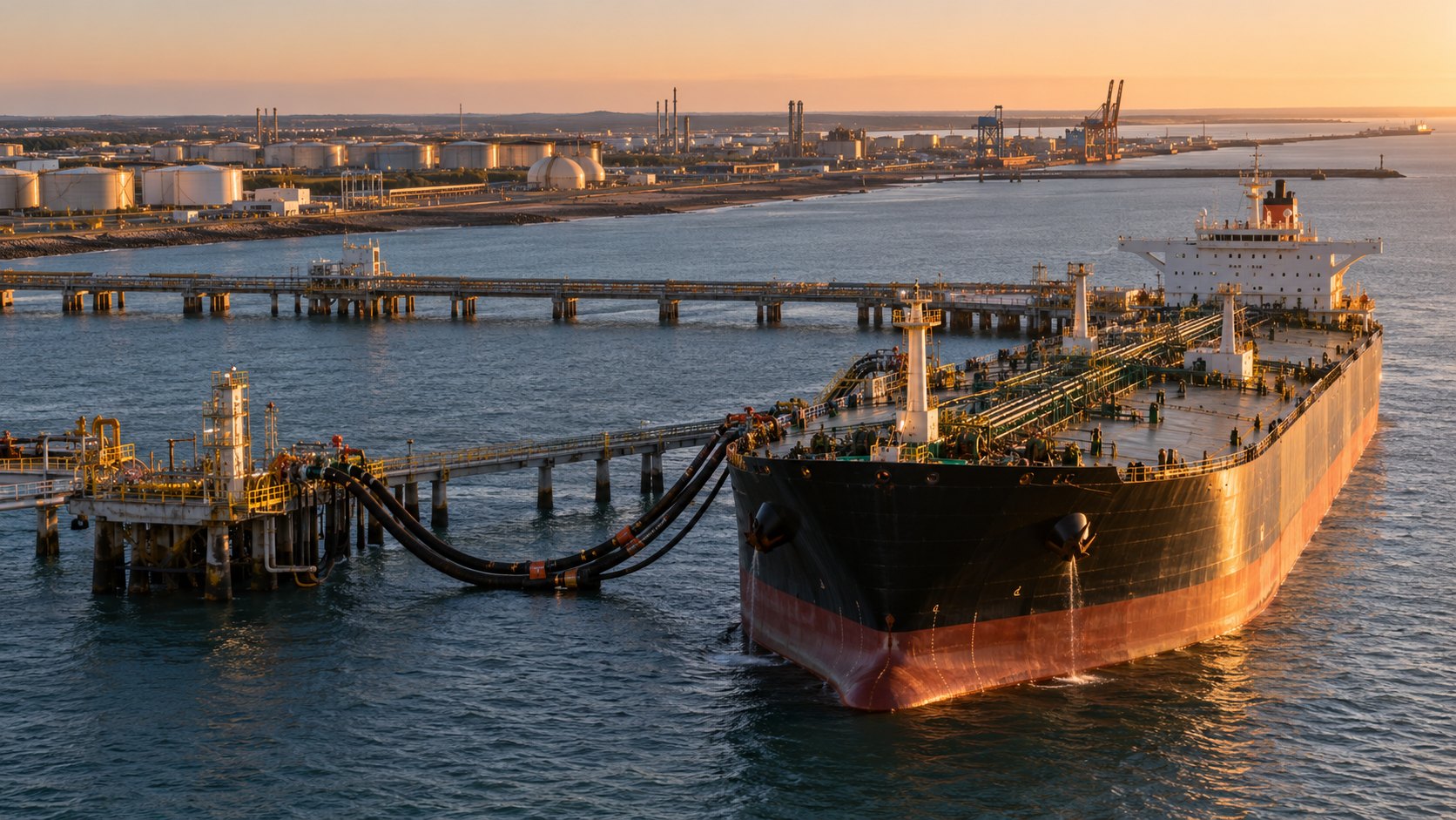 Ilustración editorial generada con IA: un buque petrolero amarrado a un muelle de carga en la costa atlántica bonaerense, conectado por mangueras negras, con tanques de almacenamiento de crudo en la costa al atardecer; composición conceptual, no es una fotografía de una terminal identificada.