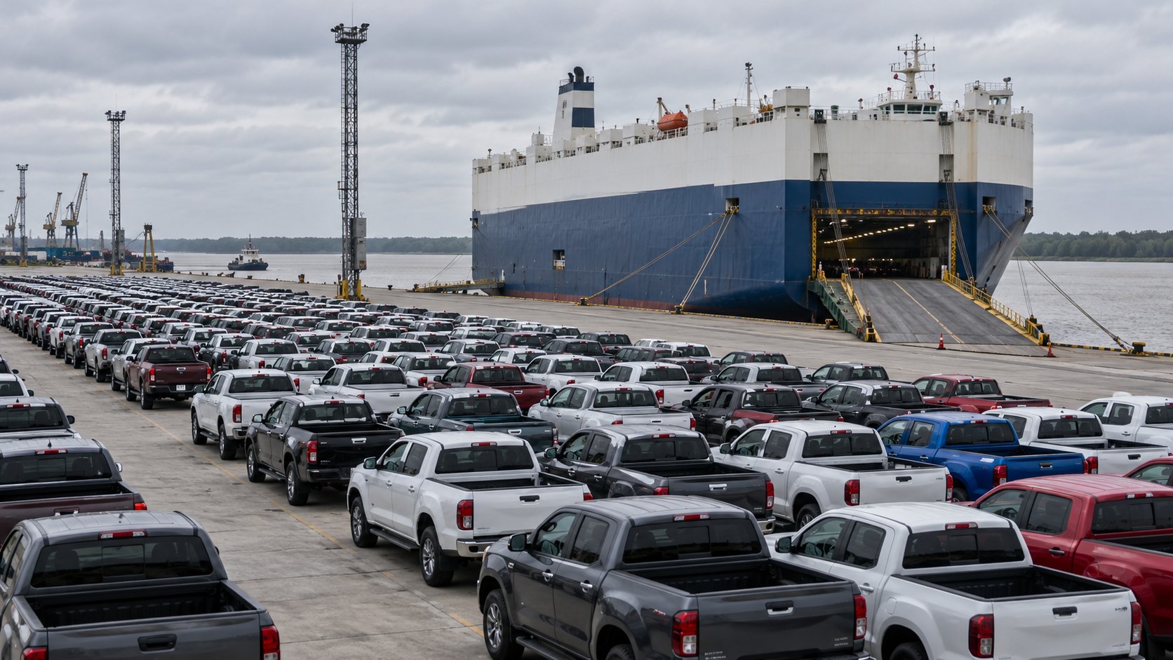 Ilustración editorial generada con IA: hileras de camionetas pickup nuevas en la playa de una terminal portuaria sobre el río Paraná esperan subir por la rampa a un buque portavehículos, en un día nublado; composición conceptual, no es una fotografía de la terminal de Zárate ni de una exportación identificada.