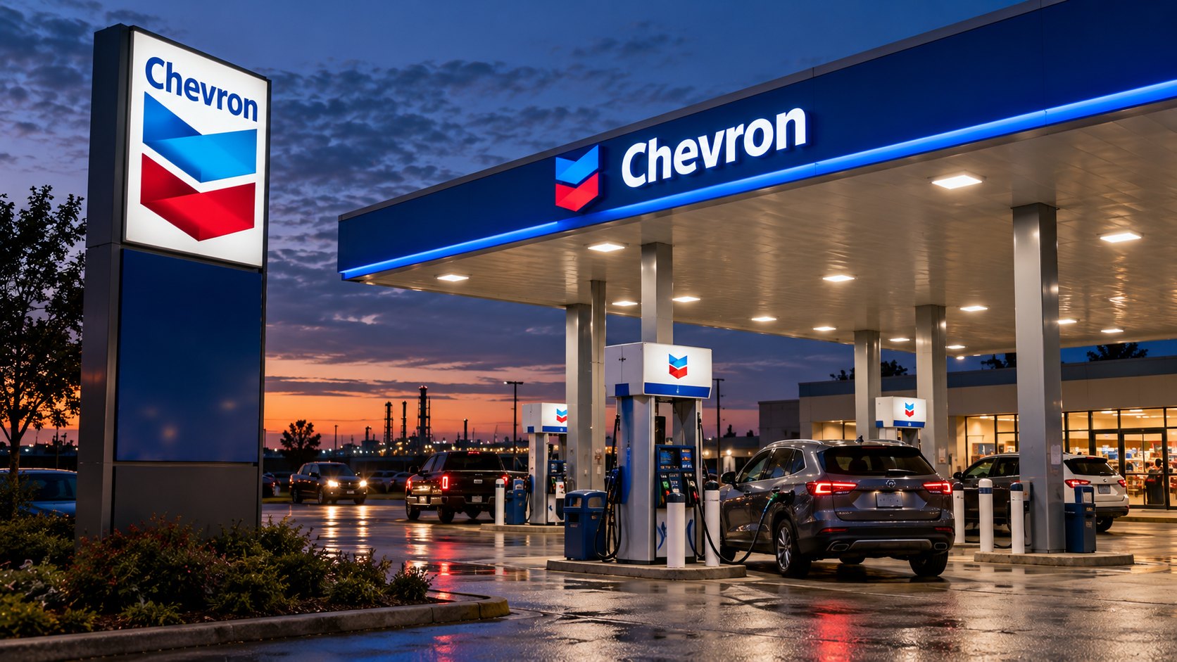 Ilustración editorial generada con IA: una estación de servicio Chevron en Estados Unidos a la hora azul, con el logo de la marca en el tótem y la marquesina, surtidores iluminados y autos cargando combustible; composición conceptual, no es una fotografía de una estación identificada.