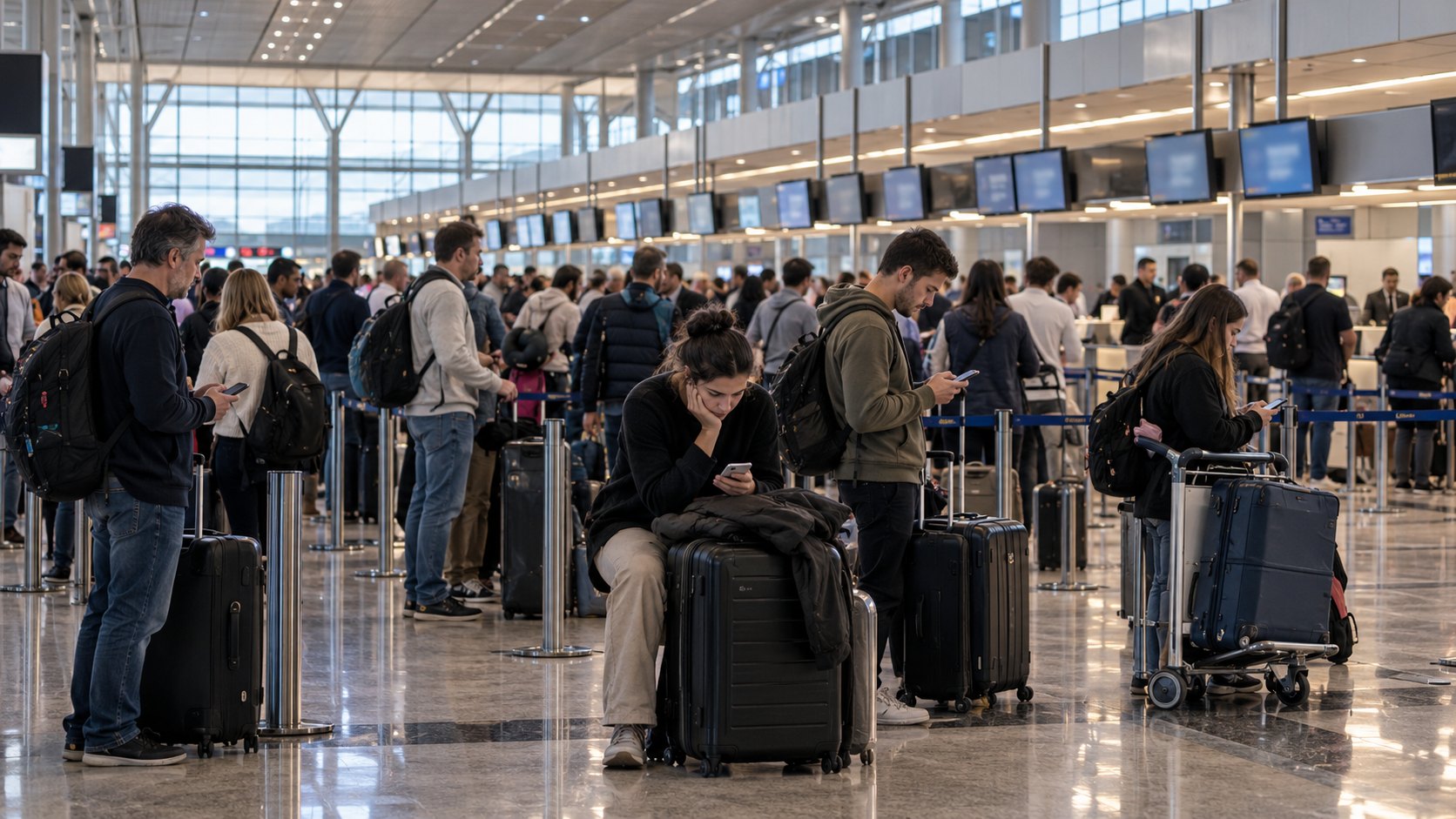 Ilustración editorial generada con IA: pasajeros con valijas y mochilas hacen fila y esperan en el hall de check-in de una terminal aérea, varios revisando el celular; composición conceptual, no es una fotografía tomada en Ezeiza.