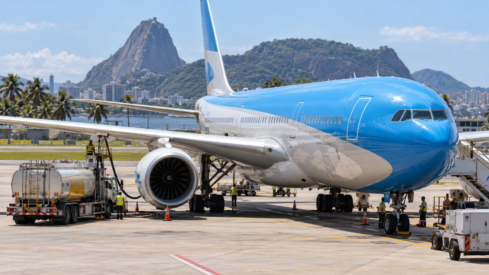 Ilustración editorial generada con IA: un avión de fuselaje ancho de Aerolíneas Argentinas estacionado en la plataforma de un aeropuerto de Río de Janeiro, con un camión cisterna cargando combustible junto al ala, operarios con chaleco y el Pan de Azúcar al fondo; composición conceptual, no es una fotografía de una escala real.