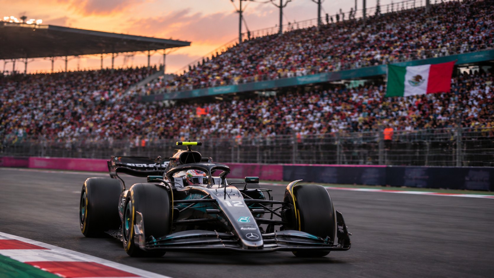 Ilustración editorial generada con IA: el Mercedes plateado y negro número 12 atraviesa la sección del estadio del Autódromo Hermanos Rodríguez con las tribunas llenas y una bandera de México, al atardecer; composición conceptual, no es una fotografía de Antonelli en la clasificación.