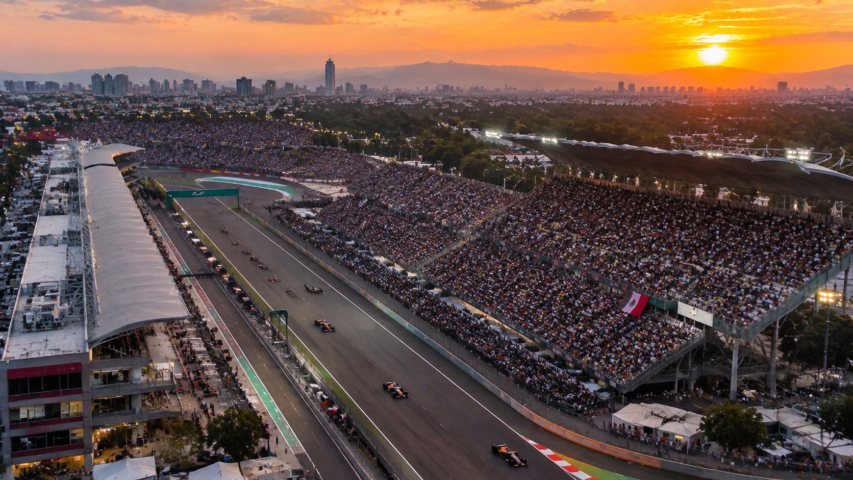 Ilustración editorial generada con IA: vista aérea del Autódromo Hermanos Rodríguez al atardecer, con las tribunas colmadas, la recta principal con autos de Fórmula 1 y Ciudad de México y sus montañas al fondo; composición conceptual, no es una fotografía de la sesión.
