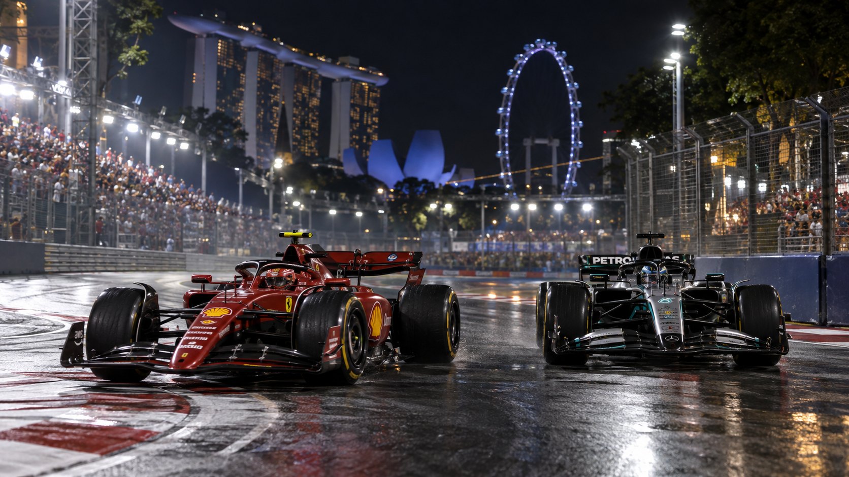 Ilustración editorial generada con IA: un Ferrari rojo y un Mercedes plateado de Fórmula 1 en plena lucha de noche en una curva del circuito callejero de Marina Bay, con tribunas iluminadas; no es una fotografía de la carrera.