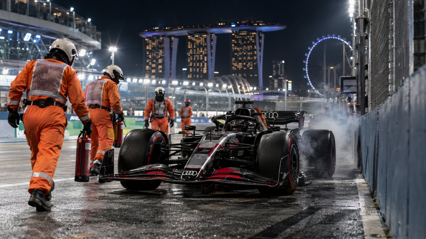 Ilustración editorial generada con IA: un Audi de Fórmula 1 detenido de noche junto a la salida de boxes de Marina Bay, con humo en la zona de los frenos traseros y comisarios de naranja con extintores; no es una fotografía del abandono de Bortoleto.