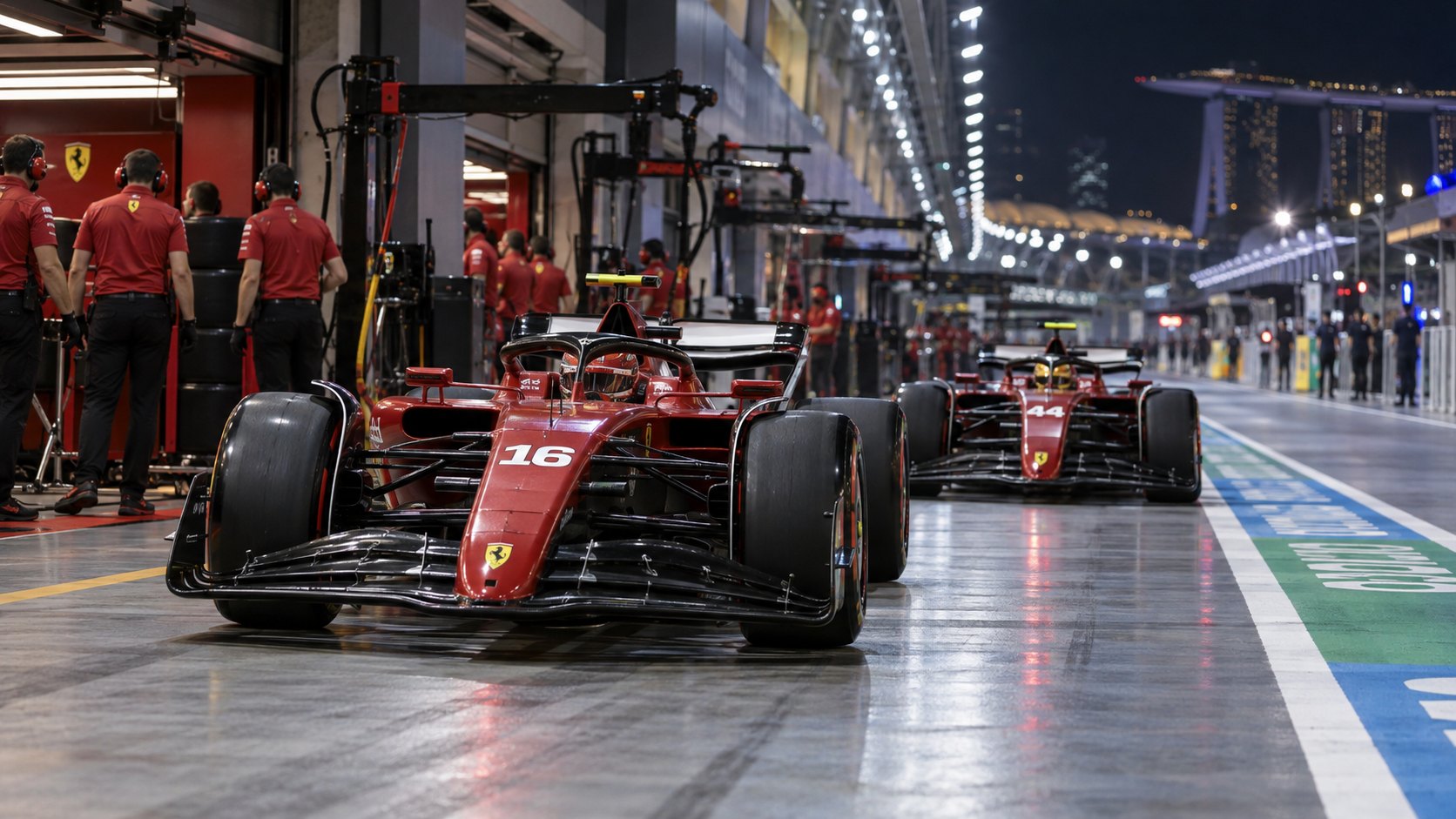 Ilustración editorial generada con IA: los dos Ferrari rojos de Fórmula 1, con los números 16 y 44, salen de boxes por el pit lane iluminado de Marina Bay de noche, con mecánicos de Ferrari en el garaje y el Marina Bay Sands al fondo; no es una fotografía de la clasificación.