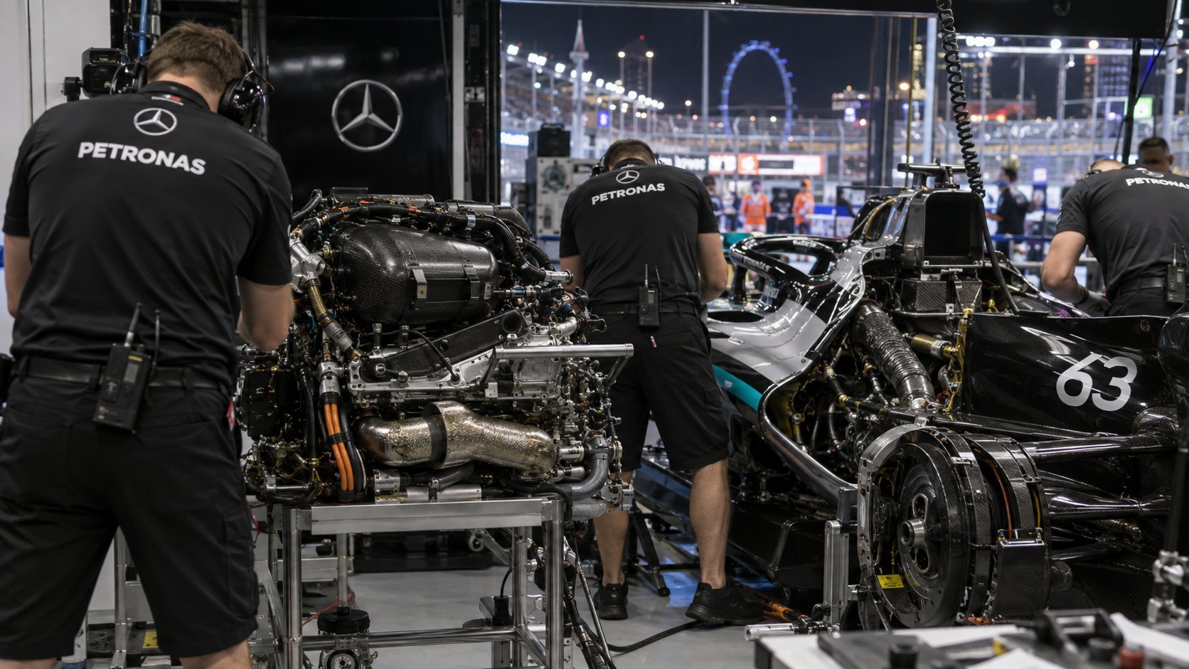 Ilustración editorial generada con IA: mecánicos de Mercedes, de espaldas, trabajan de noche en el garaje de Marina Bay sobre una unidad de potencia de Fórmula 1 junto al auto plateado y negro número 63 con la cubierta del motor quitada; no es una fotografía del cambio de motor de Russell.